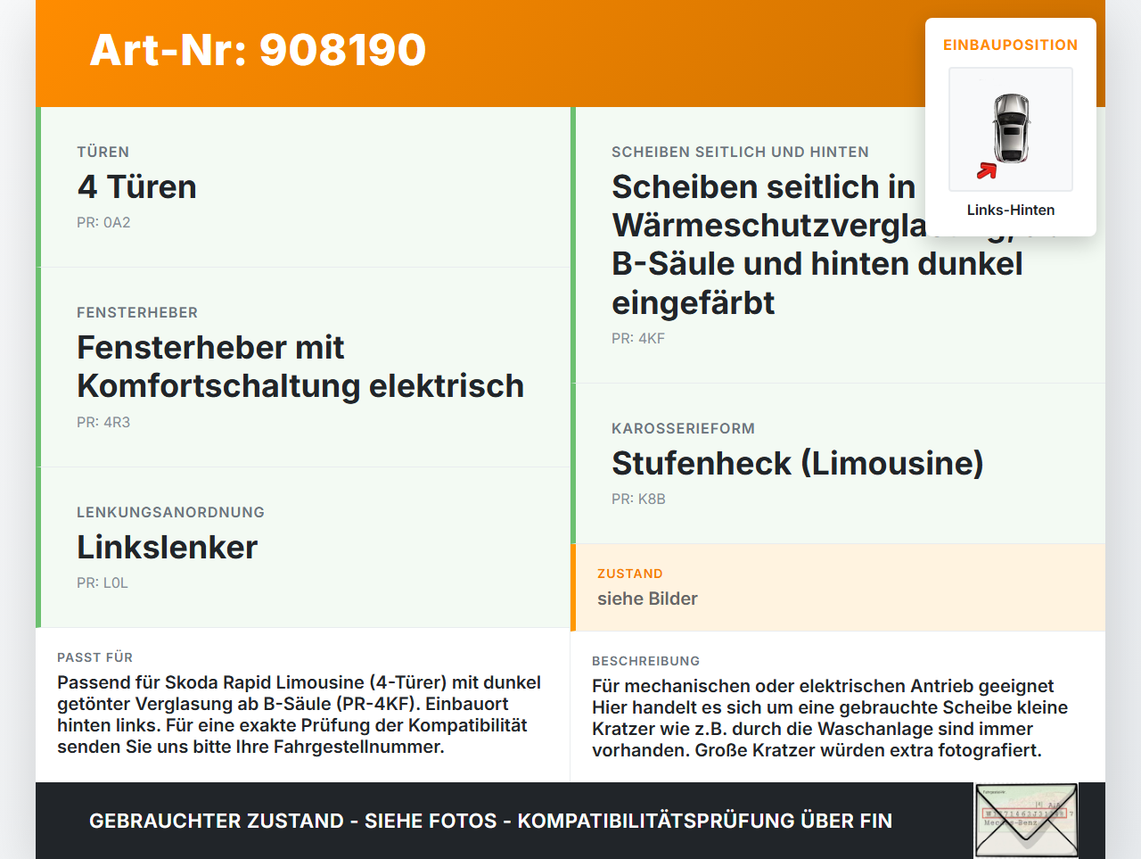Skoda Rapid HN3 14-19 Lim Seitenscheibe LHK für Tür Fenster Scheibe Links Hinten Orig. getönt Skoda Rapid HN3 14-19... Vorschau 3