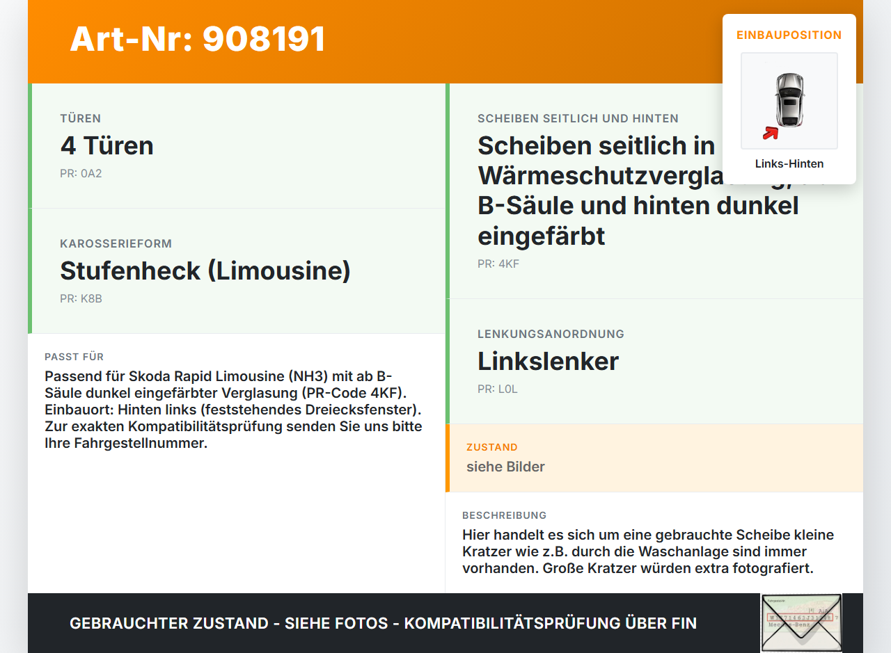 Skoda Rapid HN3 14-19 Lim Seitenscheibe Dreieck Links Hinten Orig. getönt Skoda Rapid HN3 14-19 03.02.2017... Vorschau 3