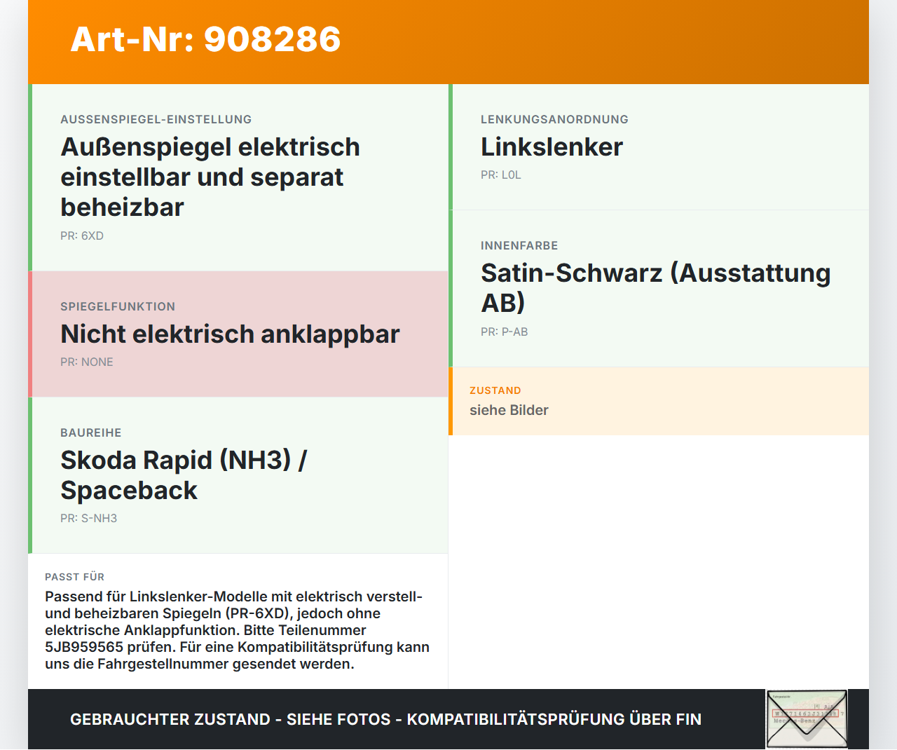 Skoda Rapid HN3 14-19 Spiegelverstellung Aussenspiegel Schalter Skoda Rapid HN3 14-19 03.02.2017 5JB959565 gebraucht Vorschau 3