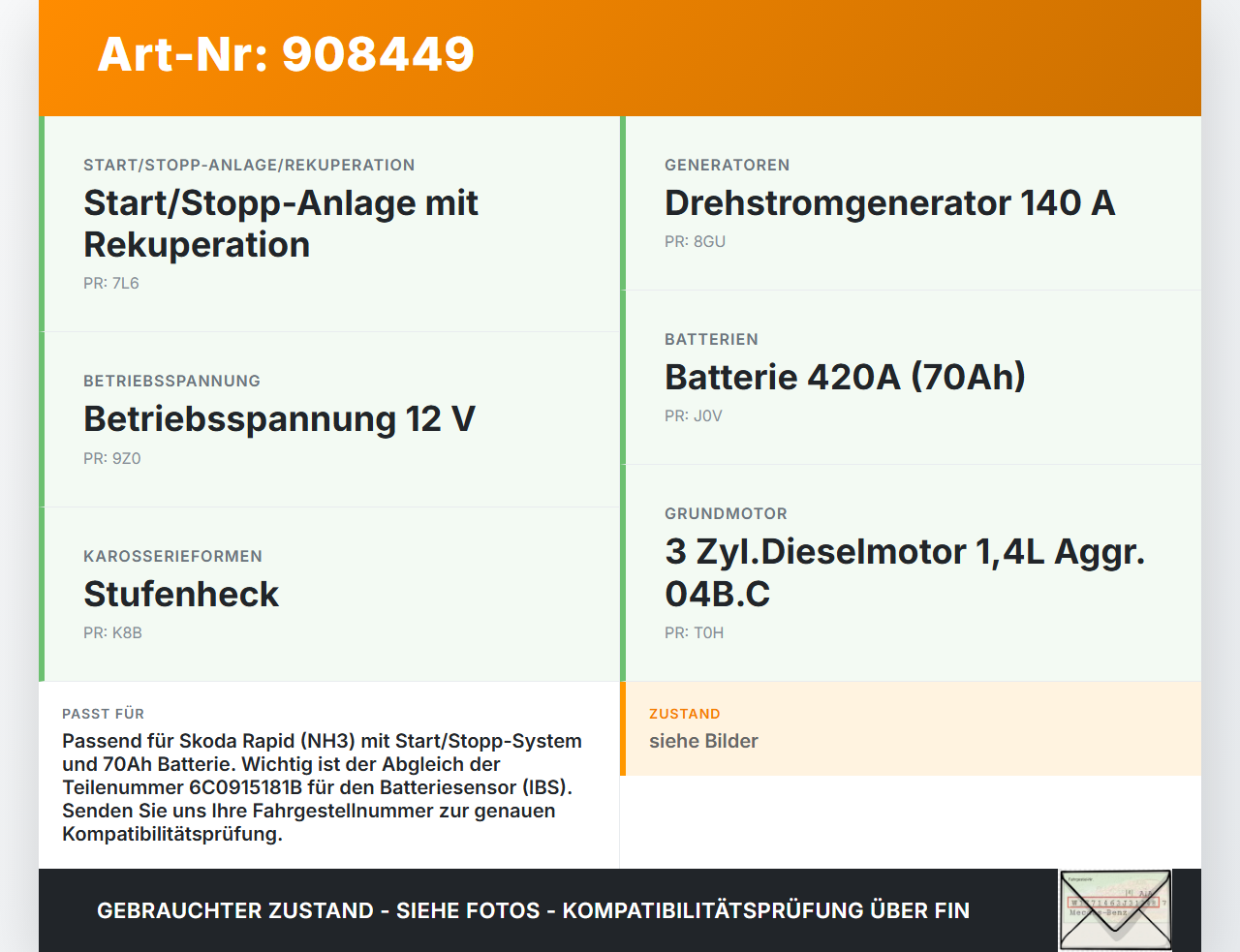 Skoda Rapid HN3 14-19 Lim Kabelbaum IBS für Batterie Skoda Rapid HN3 14-19 03.02.2017 6C0915181B 588G11F01 gebraucht Vorschau 3