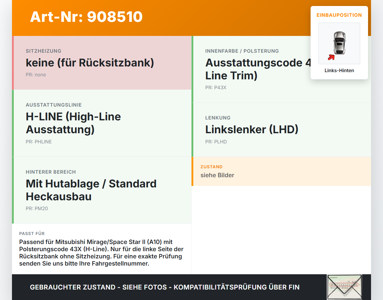 Mirage Space Star II A10 12-16 Sitzbezug Sitzpolster Links für Rücksitzbank Hinten Mirage Space Star II A10 12-16... Vorschau 3
