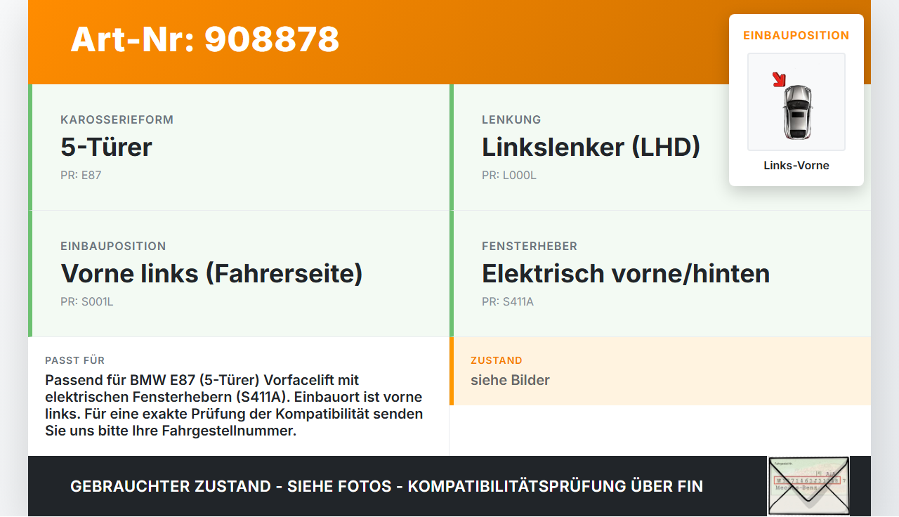 BMW E87 1er 04-07 5T Fensterhebermotor mit Fensterheber Links Vorne BMW E87 1er 04-07 04.05.2005 7138465... Vorschau 3