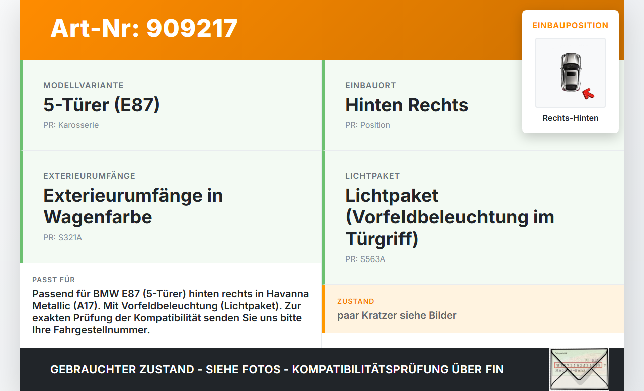 BMW E87 1er 04-07 5T Türgriff Griff aussen Rechts Hinten A17 BMW E87 1er 04-07 04.05.2005 7207530 51217207530 gebraucht Vorschau 3
