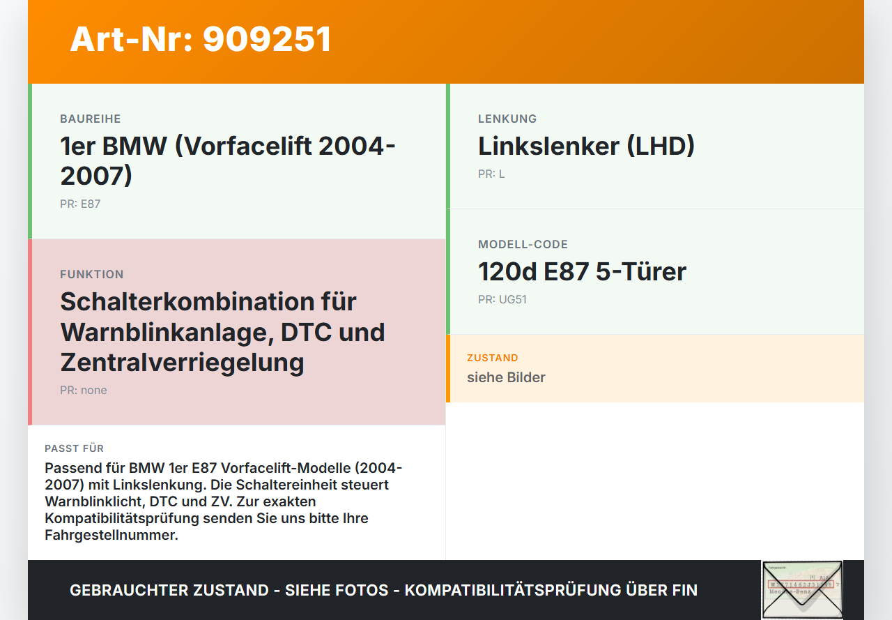 BMW E87 1er 04-07 Warnblinkschalter Schalter DTC ZV BMW E87 1er 04-07 04.05.2005 6945603 61.31-6945603-02... Vorschau 3