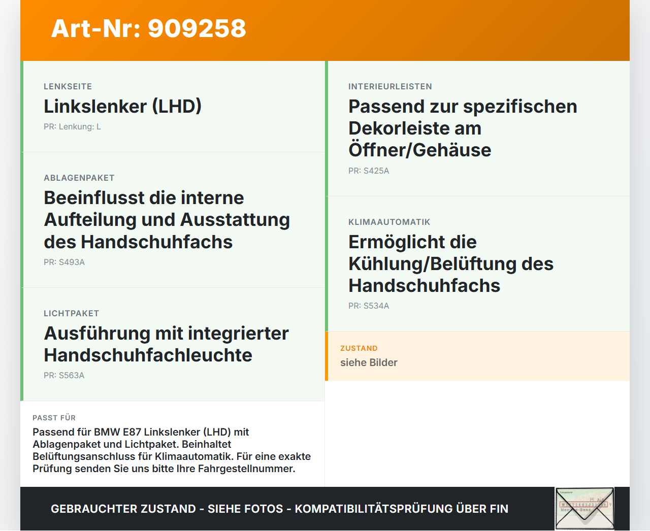 BMW E87 1er 04-07 Handschuhfach BMW E87 1er 04-07 04.05.2005 7135697 51167135697 PW49494 gebraucht Vorschau 3