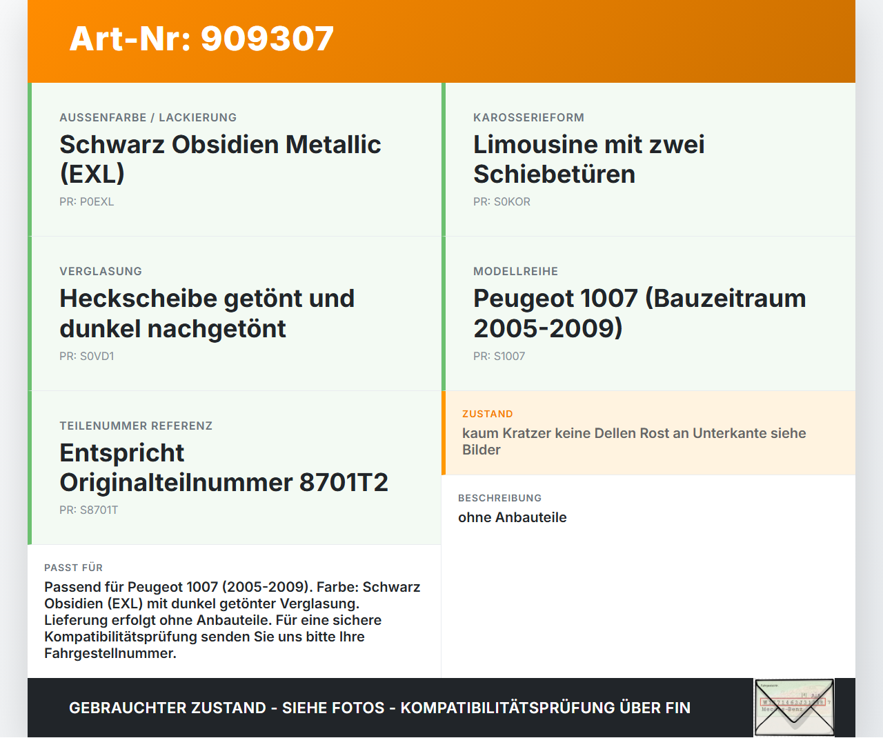 Peugeot 1007 05-09 Heckklappe Kofferraumdeckel EXL Peugeot 1007 05-09 18.08.2004 8701T2 gebraucht Vorschau 3