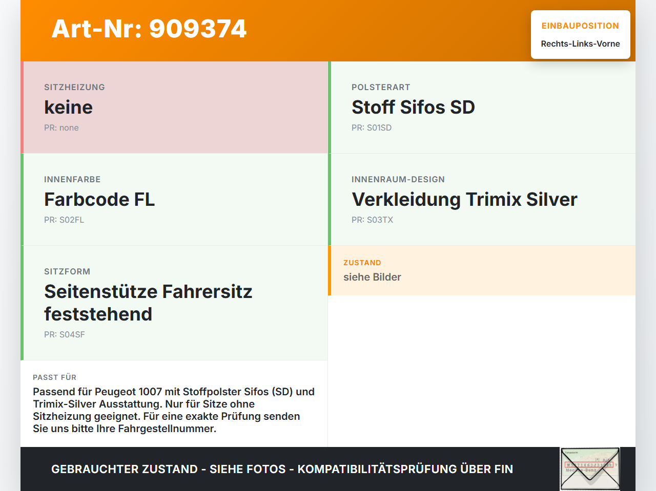Peugeot 1007 05-09 Kopfstütze für Fahrer Sitz Rechts oder Links Vorne Peugeot 1007 05-09 18.08.2004 8853S3 gebraucht Vorschau 3