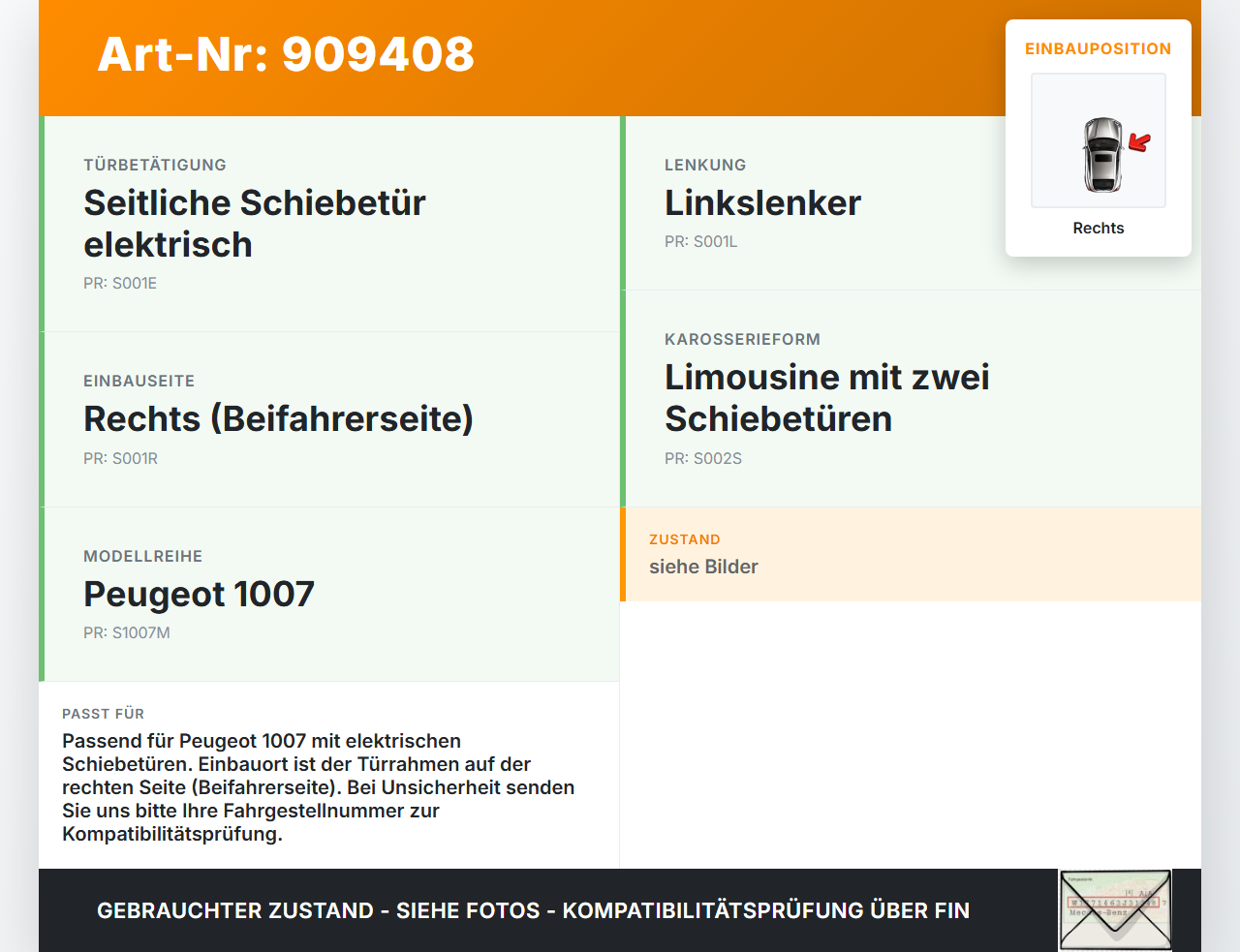 Peugeot 1007 05-09 Dichtung für Rahmen Tür Rechts Peugeot 1007 05-09 18.08.2004 9023VL gebraucht Vorschau 3