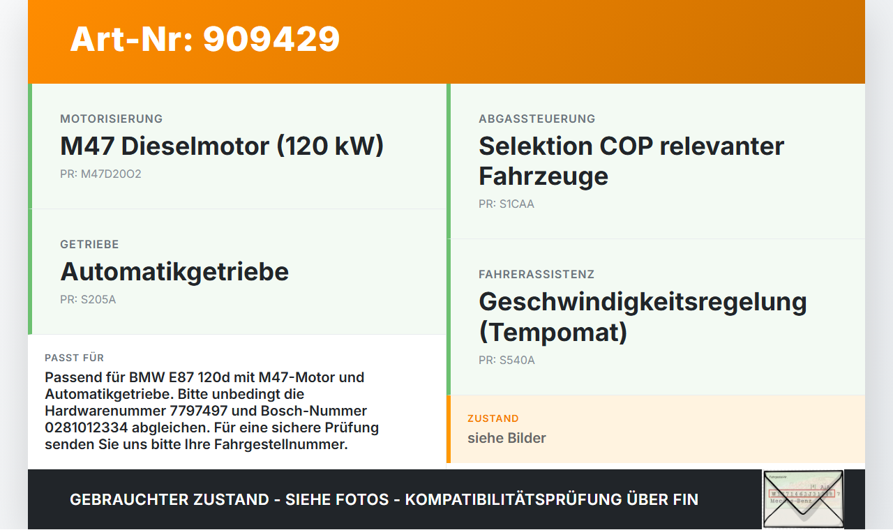 BMW E87 1er 04-07 2,0d 120KW Motor Steuergerät ECU Motorsteuergerät BMW E87 1er 04-07 04.05.2005 7808125... Vorschau 3