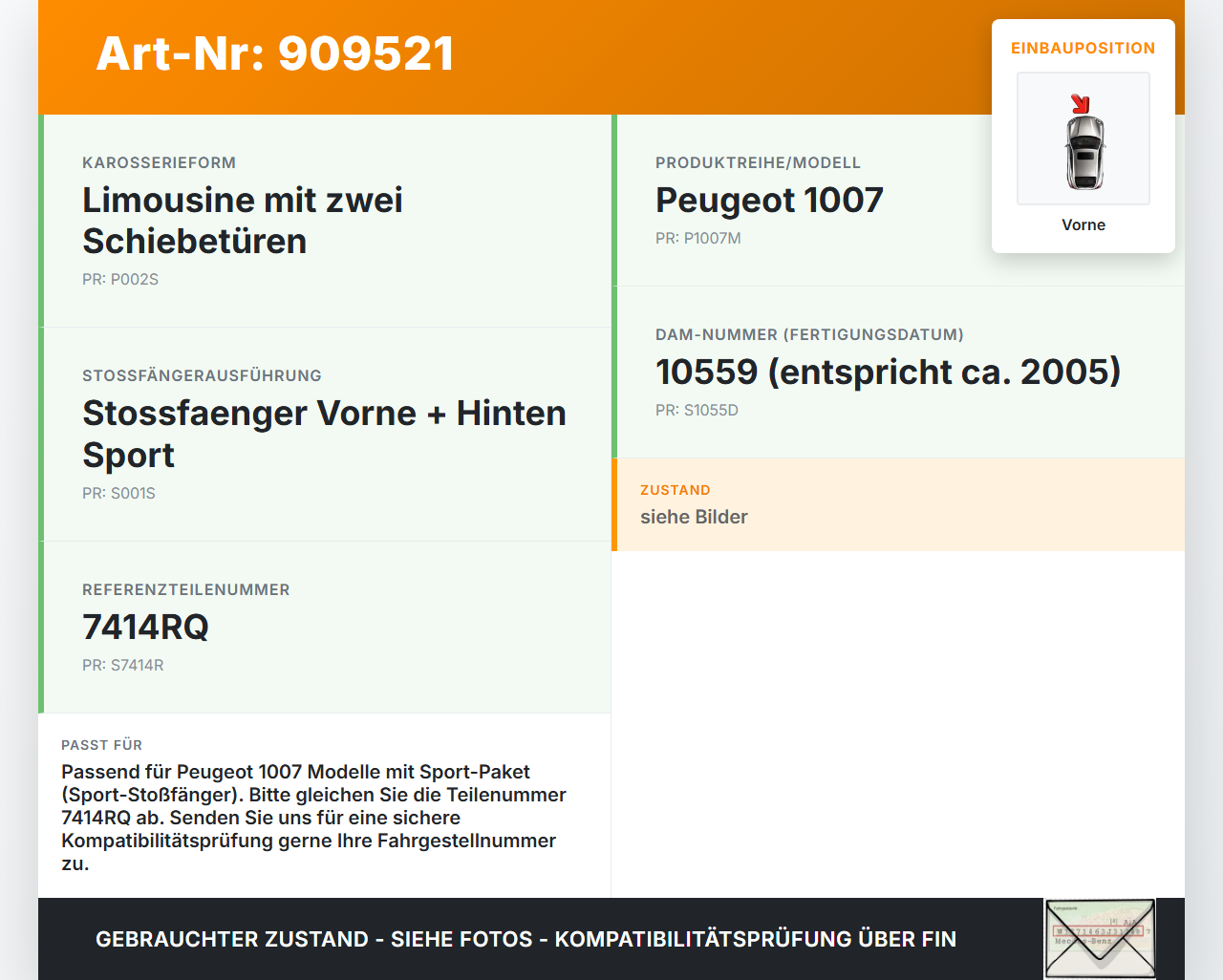 Peugeot 1007 05-09 Stoßstangenträger Stoßfängerträger Querträger Vorne Peugeot 1007 05-09 18.08.2004 7414RQ gebraucht Vorschau 3