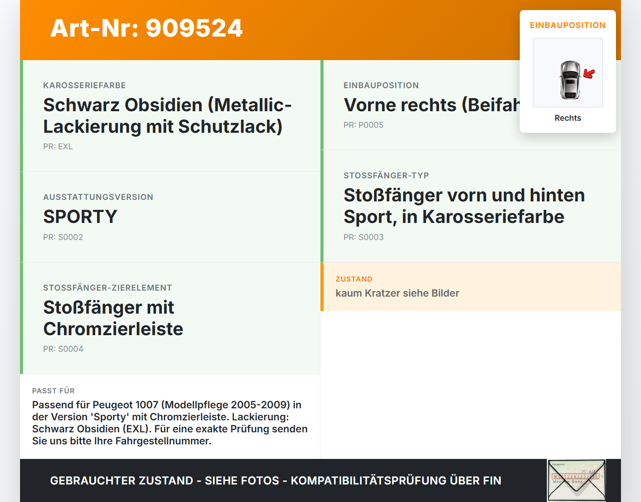 Peugeot 1007 05-09 Frontblende Frontleiste Rechts Peugeot 1007 05-09 18.08.2004 gebraucht Vorschau 3