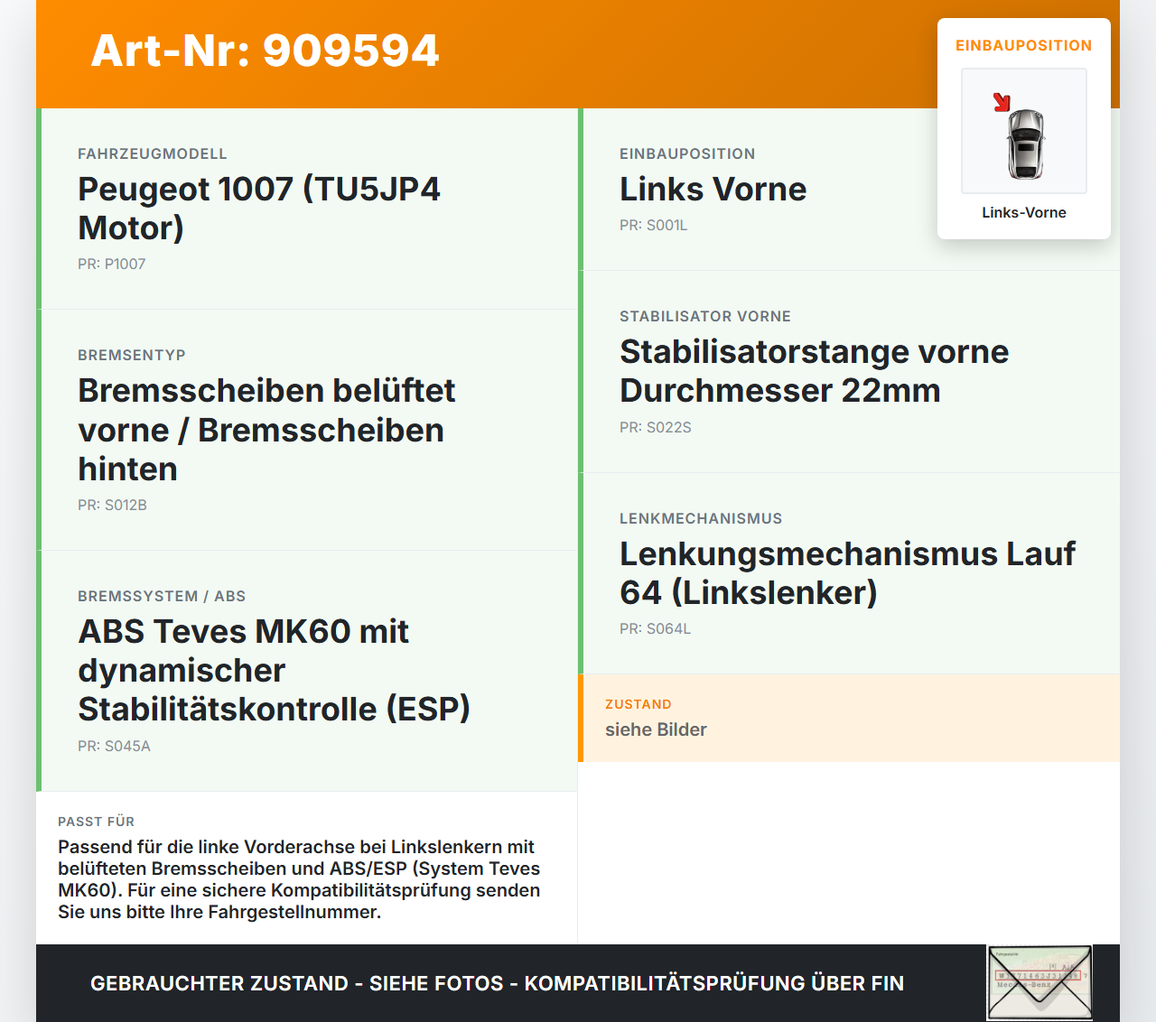 Peugeot 1007 05-09 1,6 80KW Achsschenkel Radnabe Links Vorne Peugeot 1007 05-09 18.08.2004 364691 gebraucht Vorschau 3