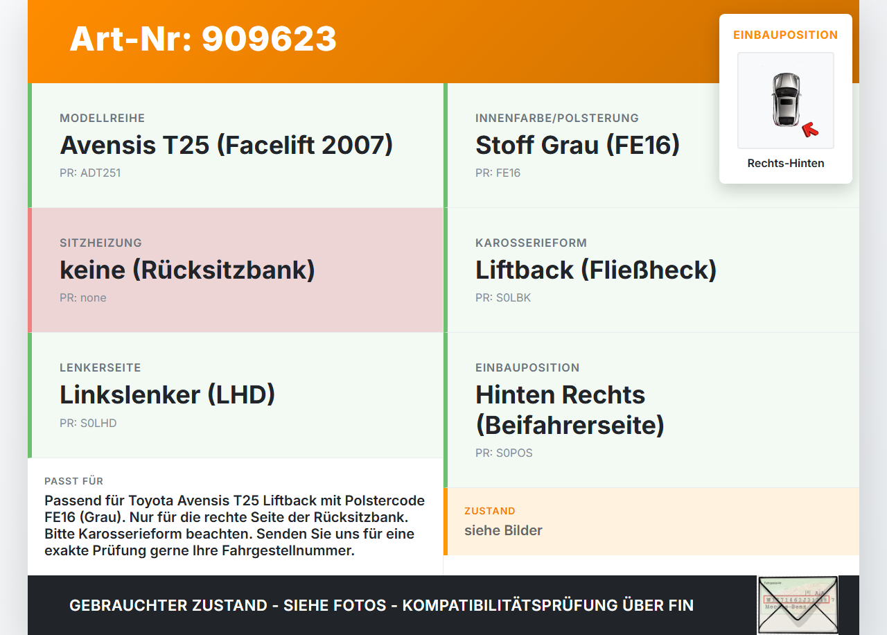 Toyota Avensis T25 06-08 Lim Sitzpolster Rechts für Rücksitzbank Hinten Toyota Avensis T25 06-08 28.03.2007... Vorschau 3