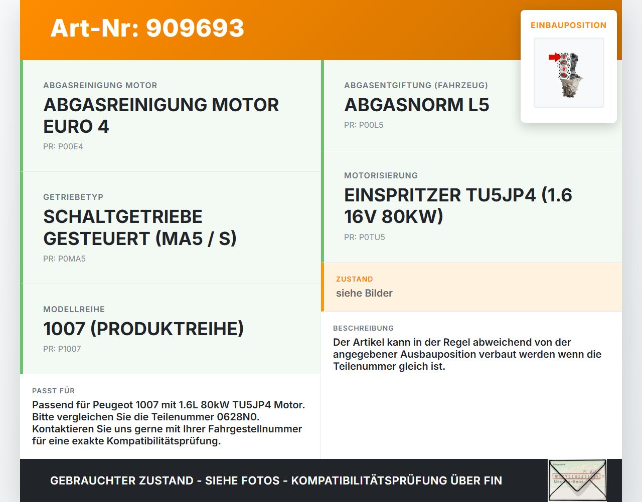 Peugeot 1007 05-09 1,6 80KW TU5JP4 Kolben mit Pleuel Pos D Peugeot 1007 05-09 18.08.2004 0628N0 gebraucht Vorschau 3