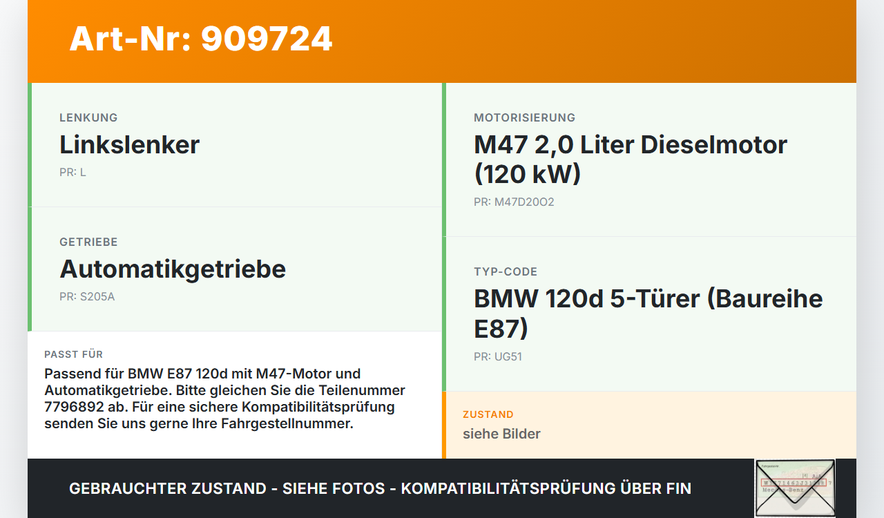 BMW E87 1er 04-07 2,0d 120KW Autom Anlasser Starter BMW E87 1er 04-07 04.05.2005 12417796892 7796892... Vorschau 3