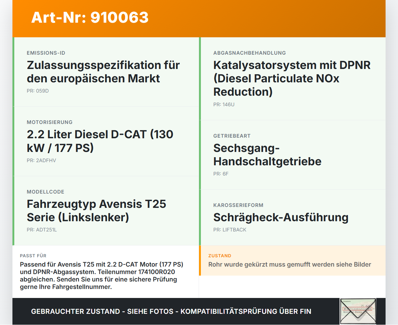 Toyota Avensis T25 06-08 2,2d 130KW Katalysator Kat Toyota Avensis T25 06-08 28.03.2007 174100R020 gebraucht Vorschau 3