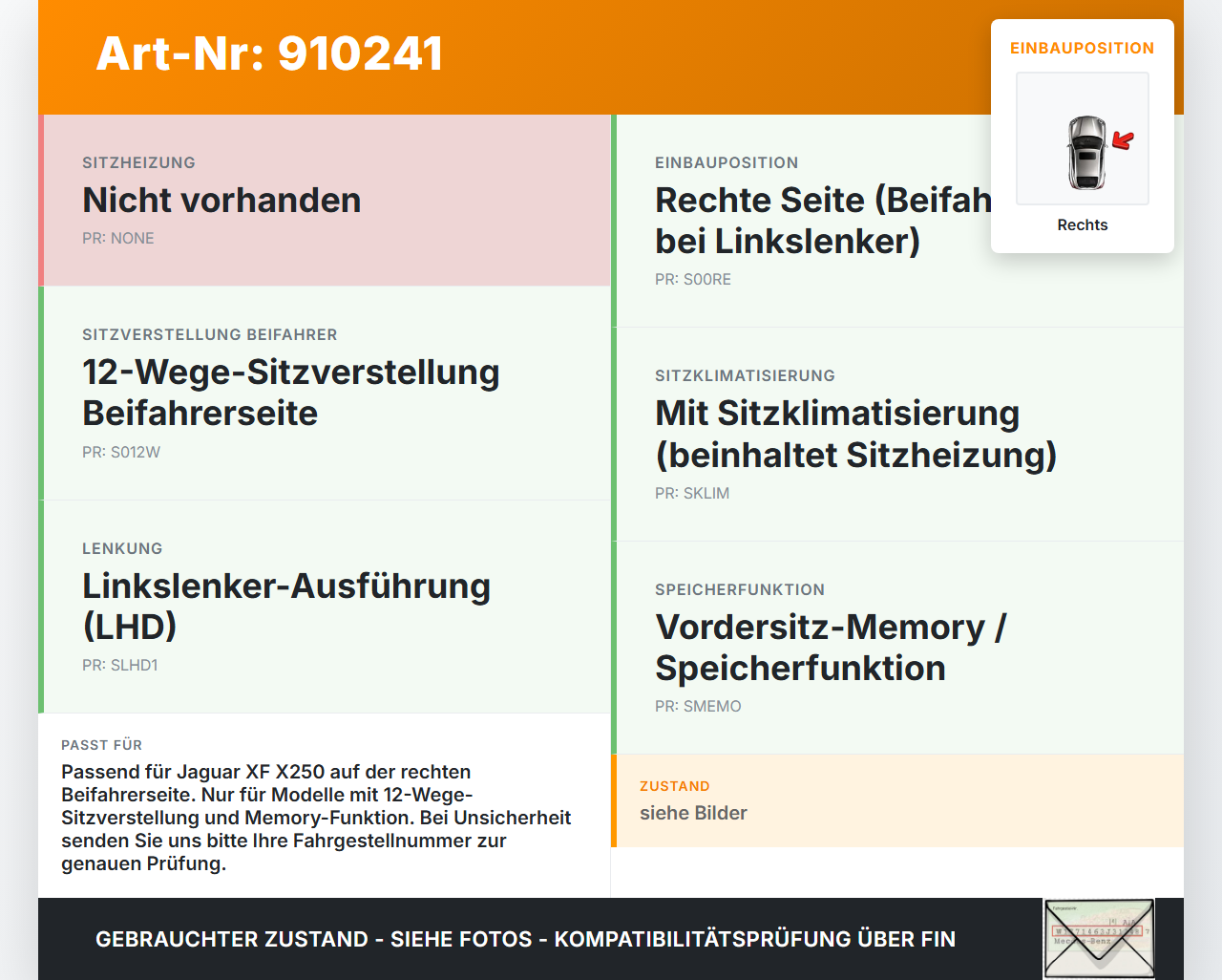 Jaguar XF X250 09-15 Sitzverstellung Schalter Rechts Jaguar XF X250 09-15 25.03.2009 9X23-14B566 gebraucht Vorschau 3