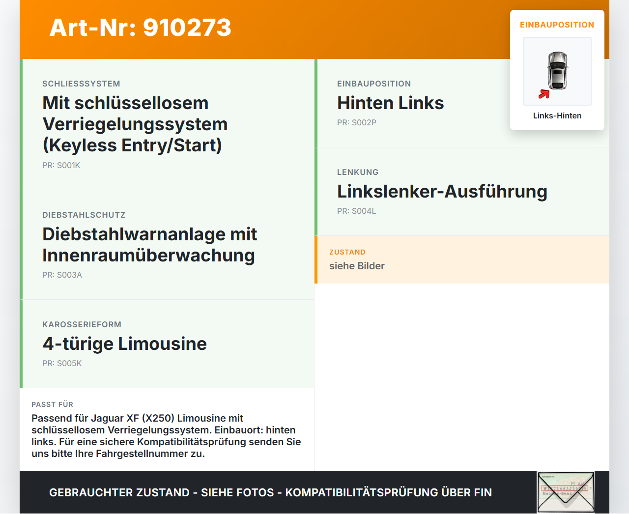 Jaguar XF X250 09-15 Lim Türschloss m. ZV Stellmotor Links Hinten Jaguar XF X250 09-15 25.03.2009 8X2A-26413-AE... Vorschau 3