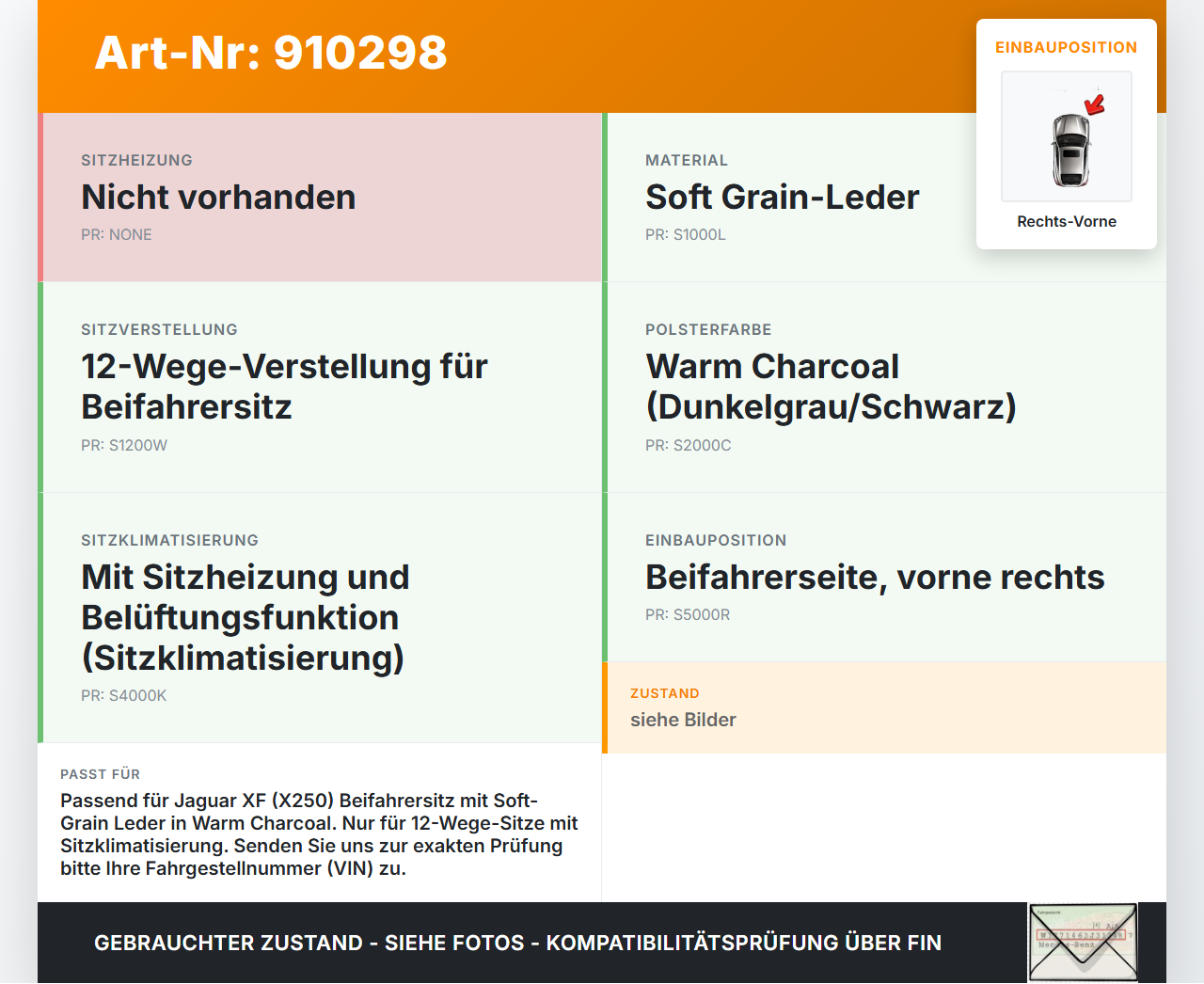 Jaguar XF X250 09-15 Lim Sitzpolster für Beifahrersitz Rechts Vorne Jaguar XF X250 09-15 25.03.2009 C2Z4992 gebraucht Vorschau 3