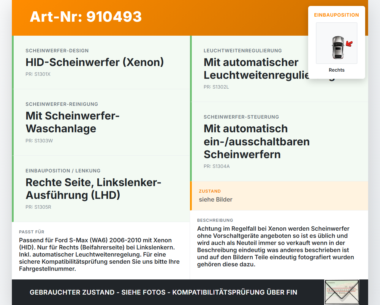 Ford S-Max WA6 06-10 Xenon Scheinwerfer Frontscheinwerfer Rechts orig. Ford S-Max WA6 06-10 18.07.2006... Vorschau 3