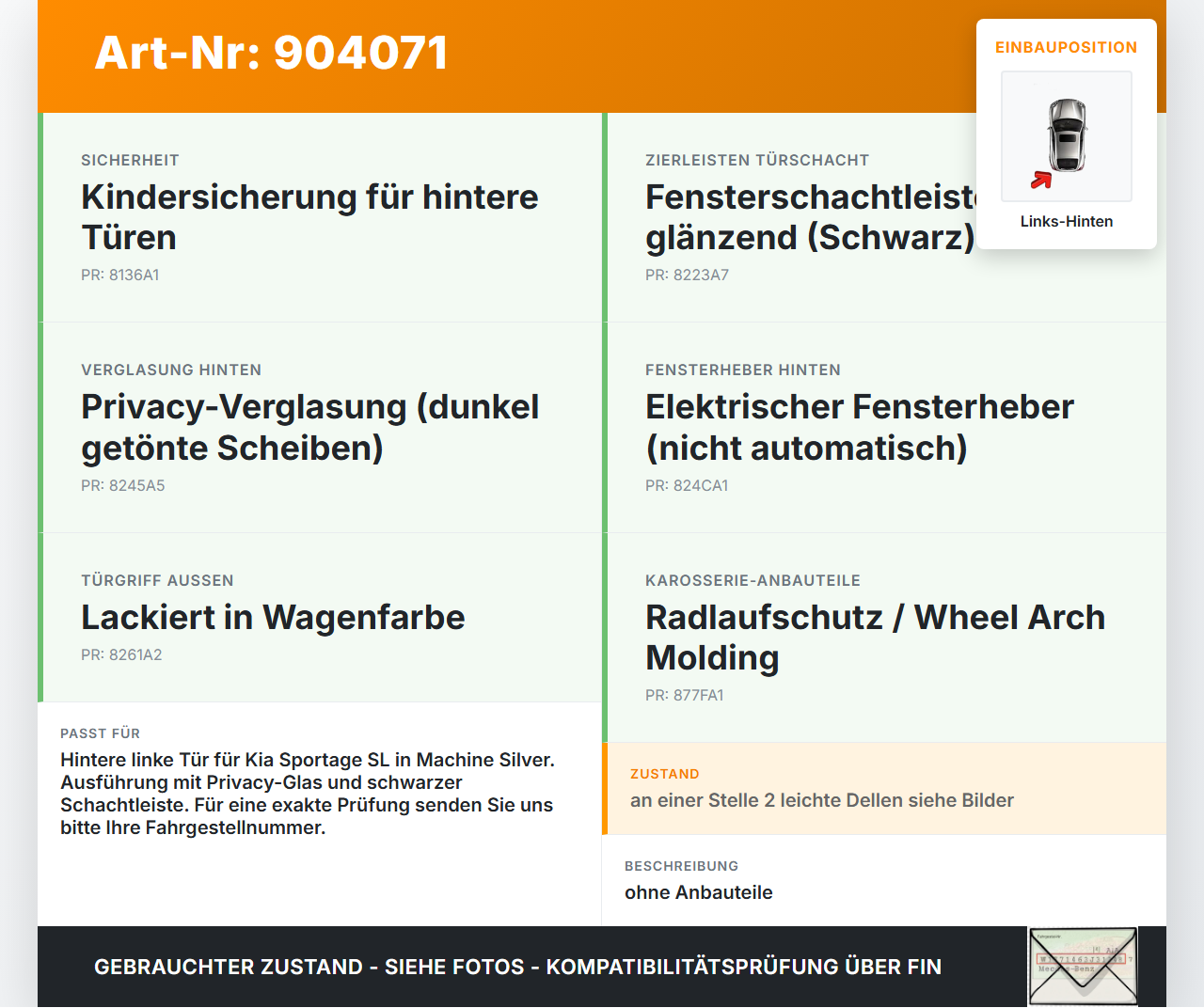 Kia Sportage SL 10-15 Tür Links Hinten 9S Kia Sportage SL 10-15 03.03.2010 gebraucht Vorschau 3