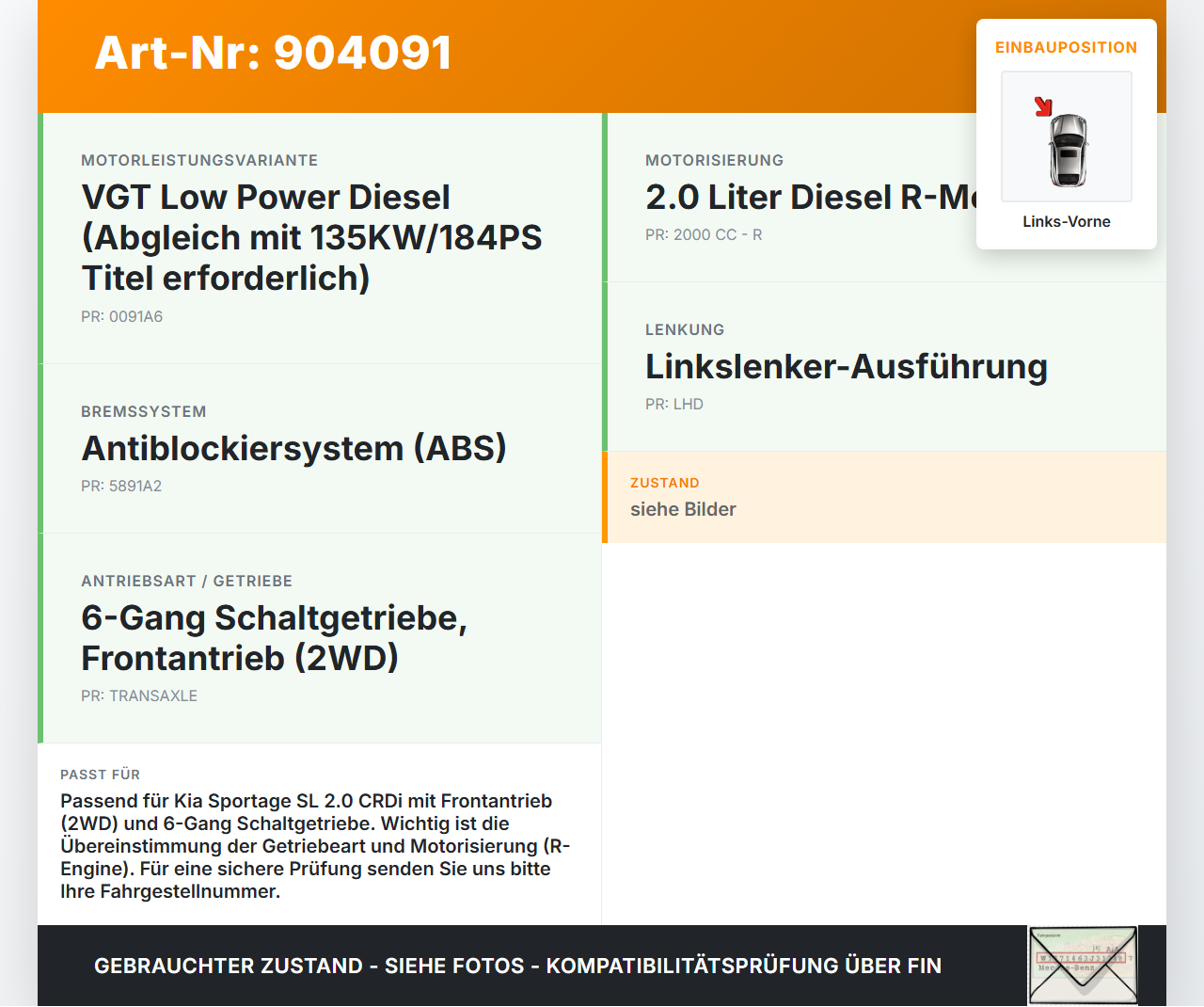 Kia Sportage SL 10-15 CRDI 2,0 135KW Antriebswelle Gelenkwelle Links Vorne Kia Sportage SL 10-15 03.03.2010 gebraucht Vorschau 3