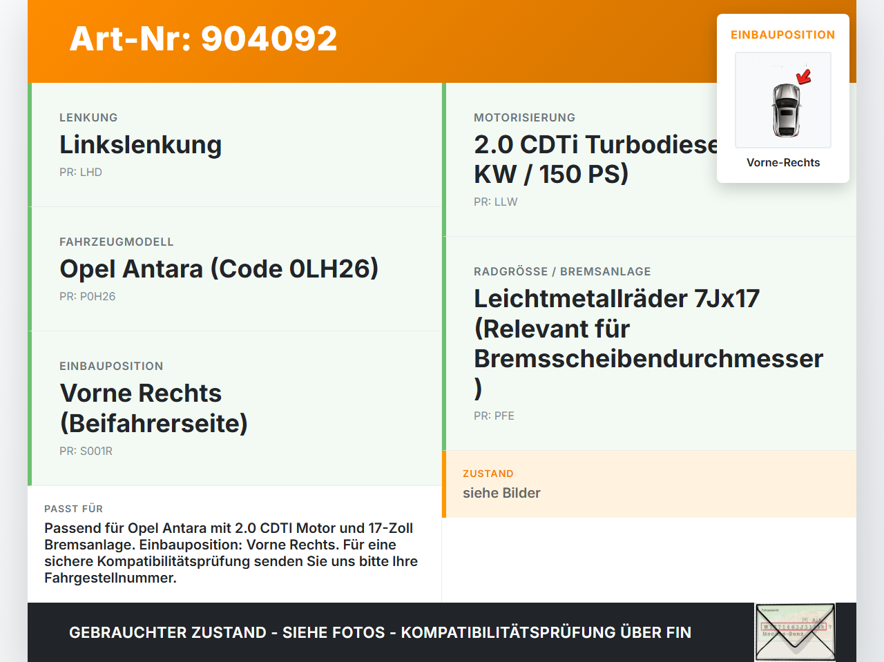 Opel Antara 07-11 CDTI 2,0 110KW Bremssattel Bremszange Vorne Rechts Opel Antara 07-11 28.03.2008 gebraucht Vorschau 3