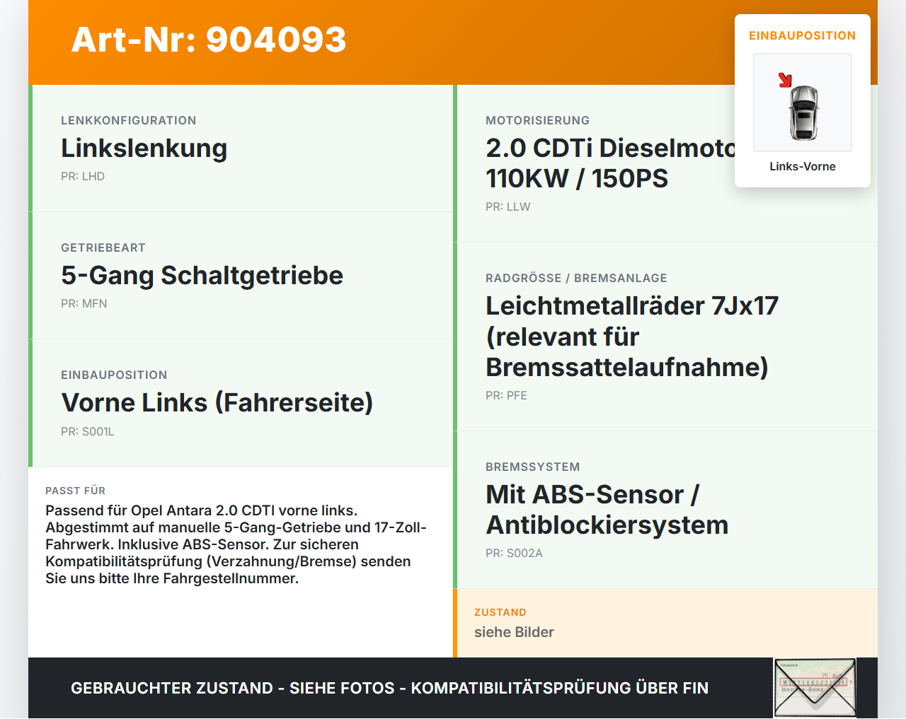 Opel Antara 07-11 CDTI 2,0 110KW Achsschenkel Radnabe mit ABS Links Vorne Opel Antara 07-11 28.03.2008 96626337... Vorschau 3