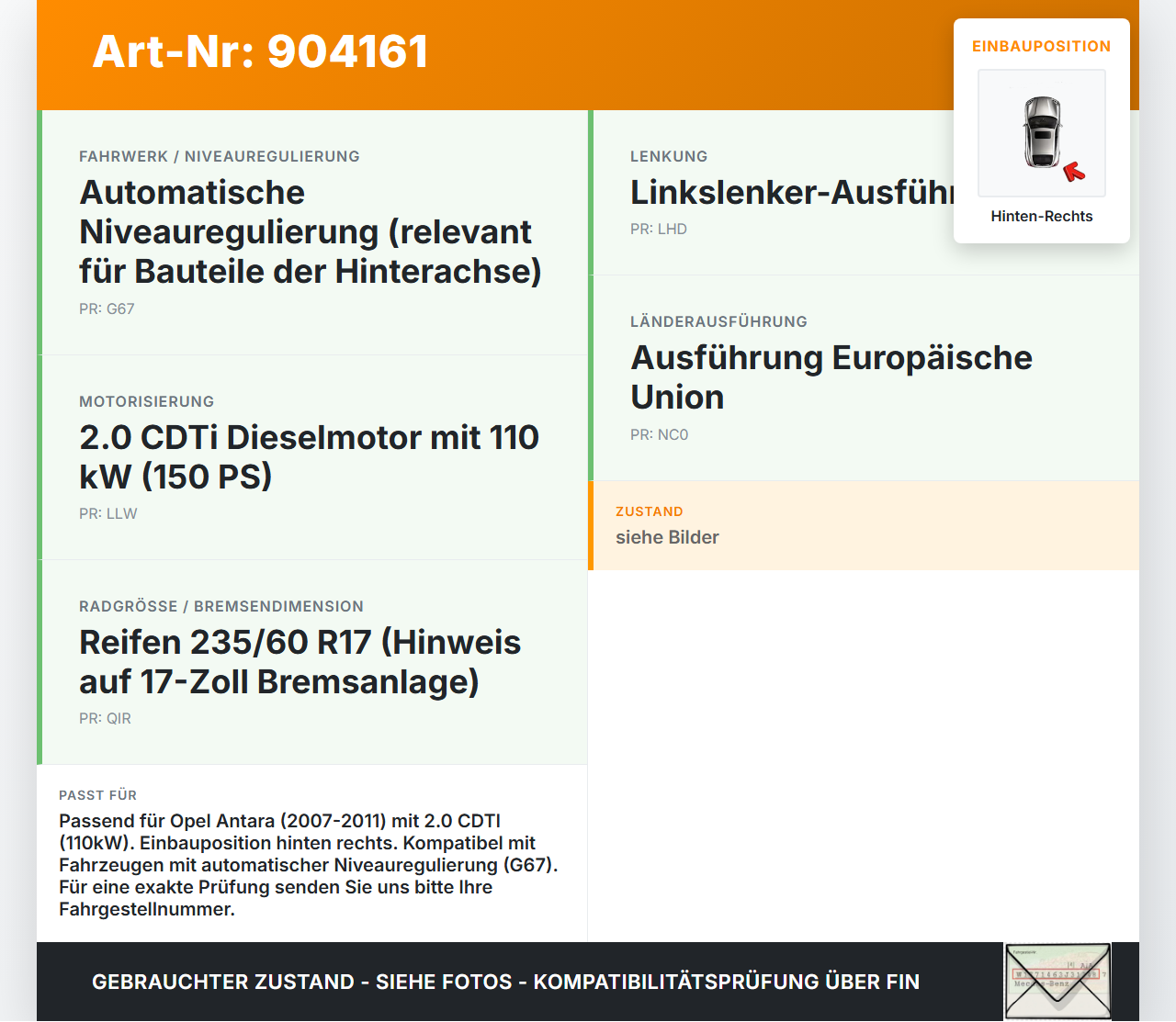 Opel Antara 07-11 CDTI 2,0 110KW Bremssattel Bremszange Hinten Rechts Opel Antara 07-11 28.03.2008 95520159 gebraucht Vorschau 3