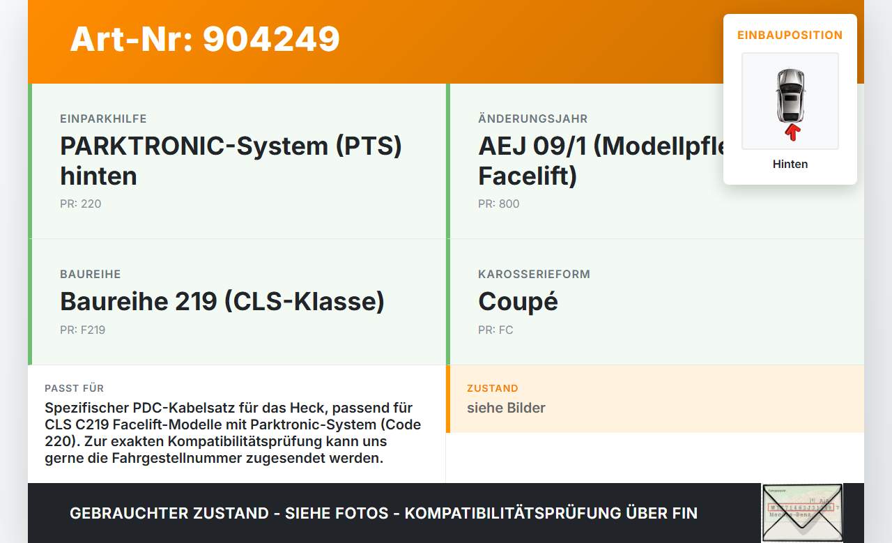 Mercedes C219 CLS 08-10 PDC Kabelbaum Pos.1 Hinten Mercedes C219 CLS 08-10 19.11.2009 A2195406007 gebraucht Vorschau 3