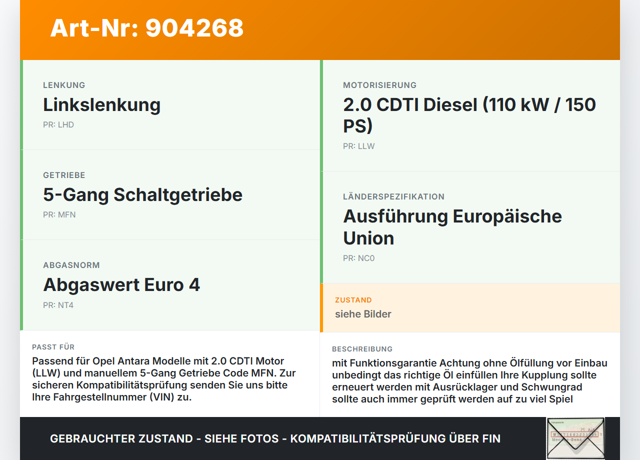 Opel Antara 07-11 CDTI 2,0 110KW MFN GK Schaltgetriebe Getriebe MFN 4,06 Opel Antara 07-11 28.03.2008 0315-0031... Vorschau 3