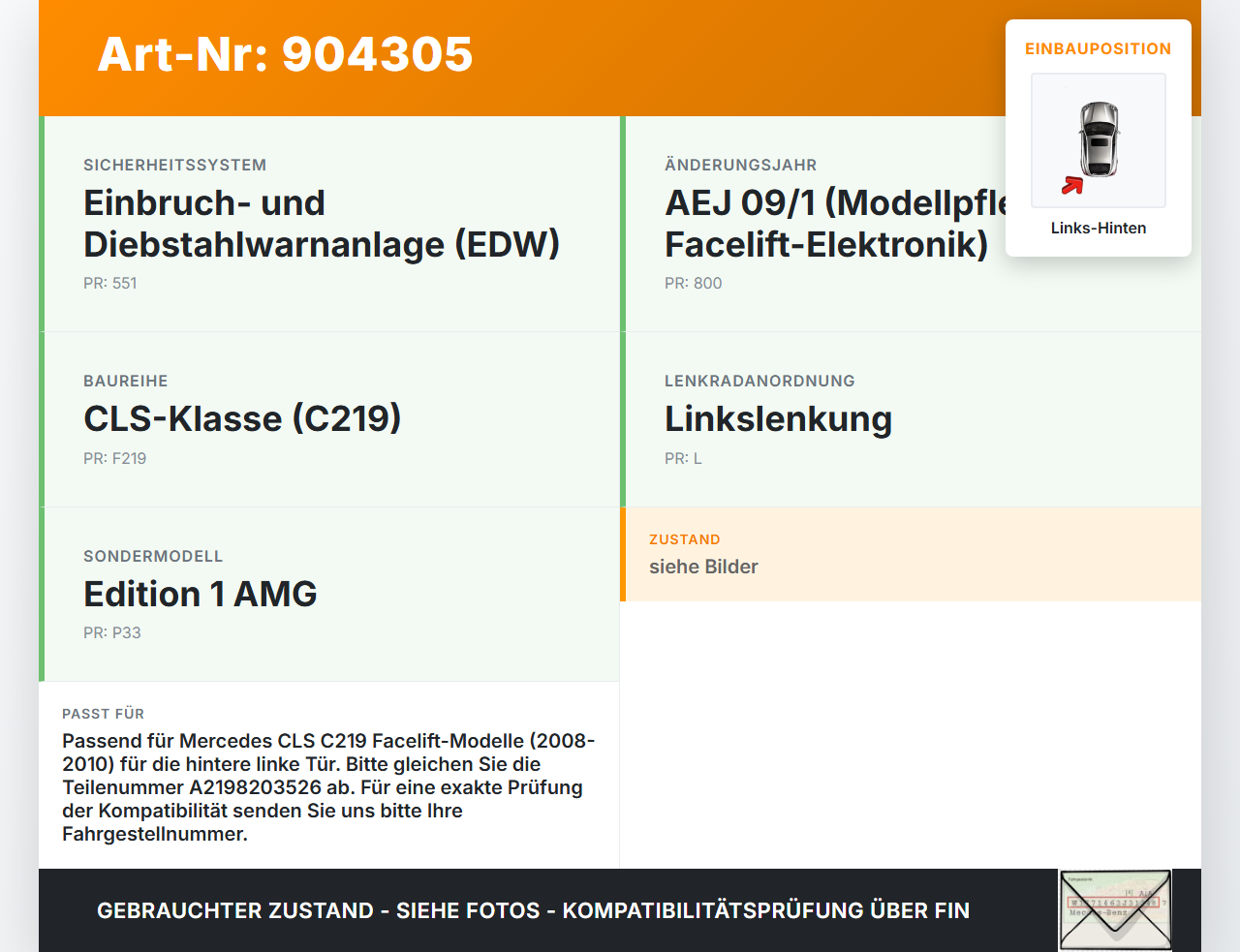 Mercedes C219 CLS 08-10 Steuergerät ECU Modul Türsteuergerät Links Hinten Mercedes C219 CLS 08-10 19.11.2009... Vorschau 3