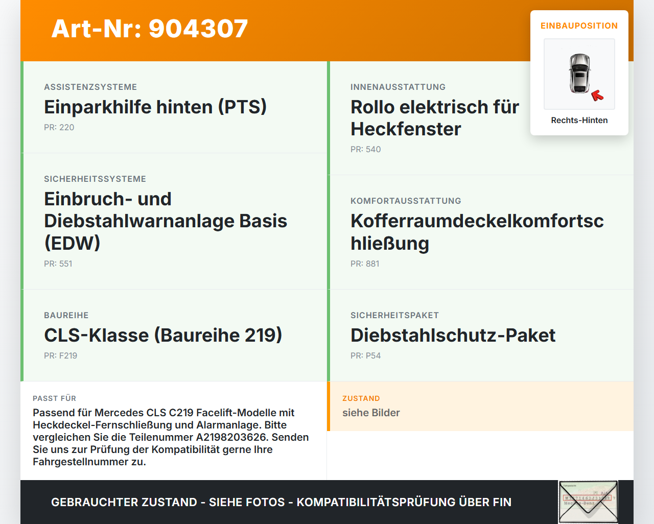 Mercedes C219 CLS 08-10 Steuergerät ECU Modul Rechts Hinten Mercedes C219 CLS 08-10 19.11.2009 A2198203626 gebraucht Vorschau 3