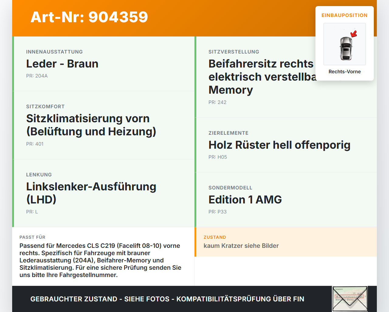 Mercedes C219 CLS 08-10 Türverkleidung Türpappe Rechts Vorne LEDER BRAUN 204A Mercedes C219 CLS 08-10 19.11.2009... Vorschau 3