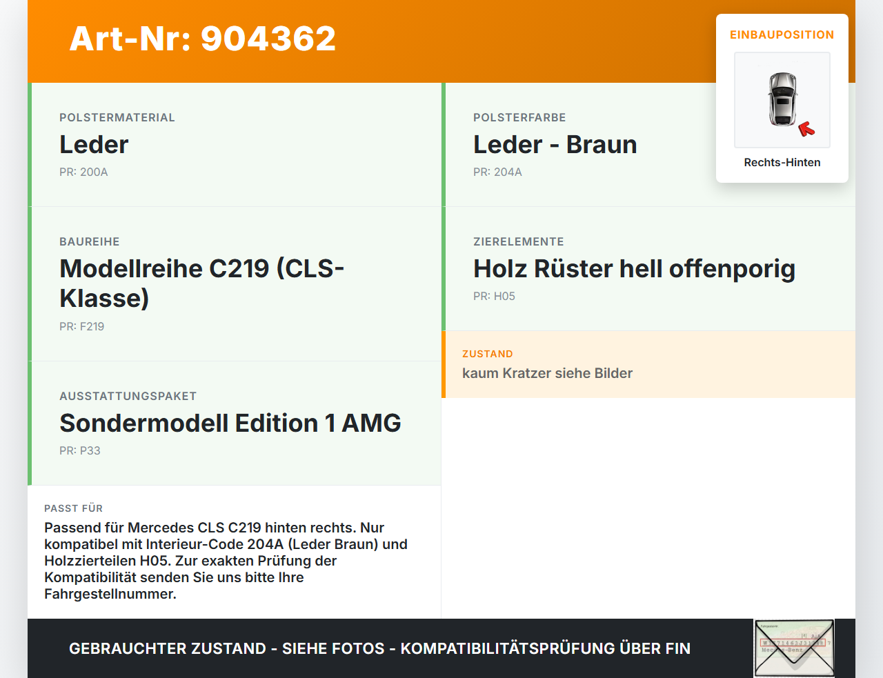 Mercedes C219 CLS 08-10 Türverkleidung Türpappe Rechts Hinten LEDER BRAUN 204A Mercedes C219 CLS 08-10 19.11.2009... Vorschau 3