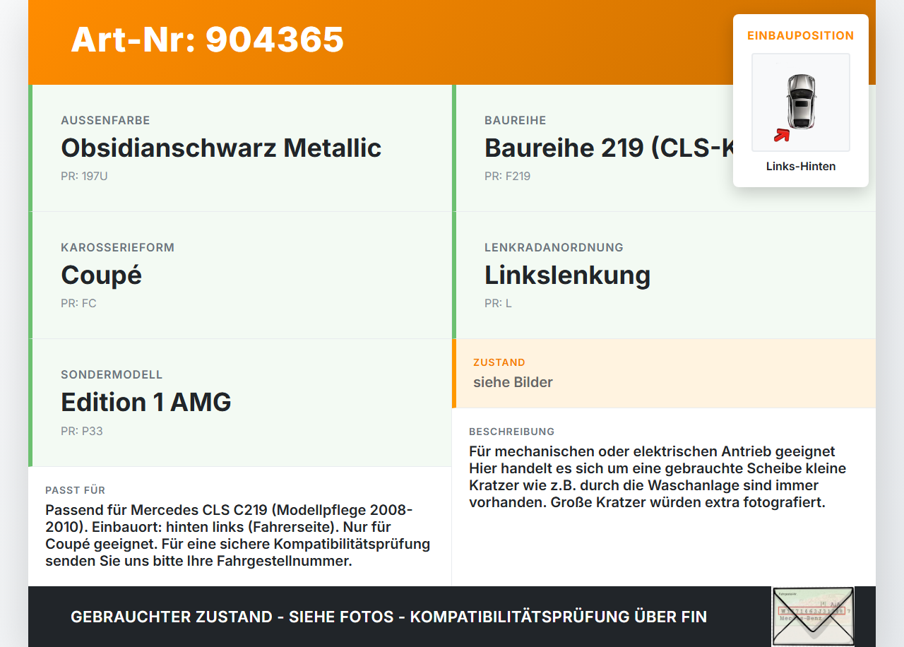 Mercedes C219 CLS 08-10 LHK Seitenscheibe Tür Fenster Scheibe Links Hinten Mercedes C219 CLS 08-10 19.11.2009... Vorschau 3