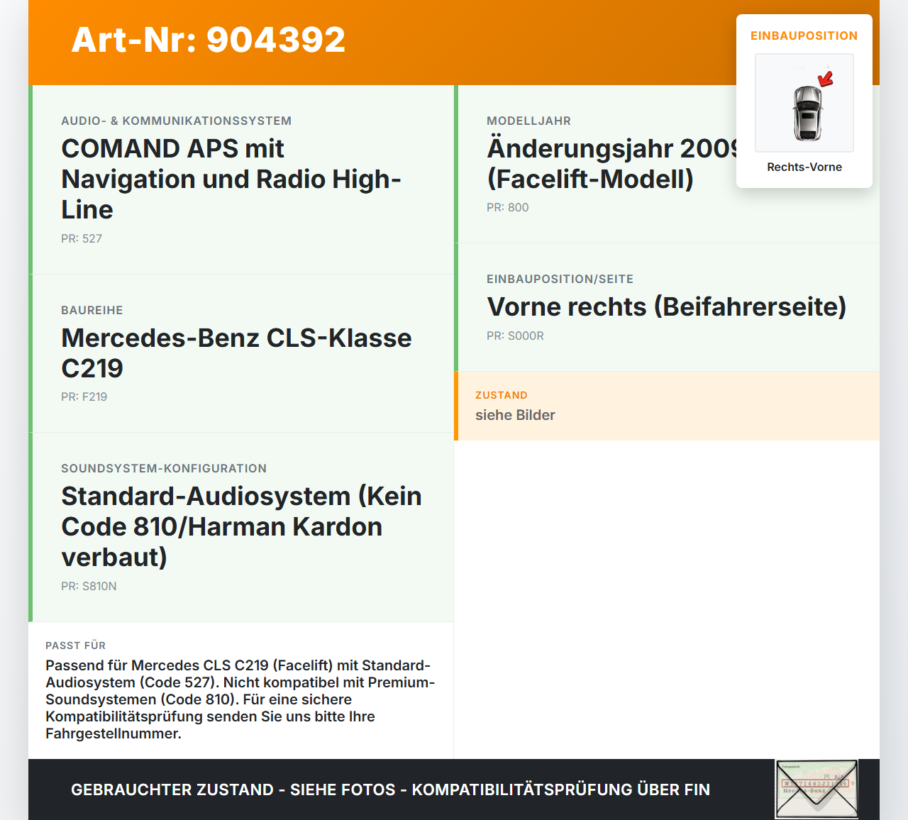 Mercedes C219 CLS 08-10 Lautsprecher Rechts Vorne Mercedes C219 CLS 08-10 19.11.2009 A2198200502 gebraucht Vorschau 3
