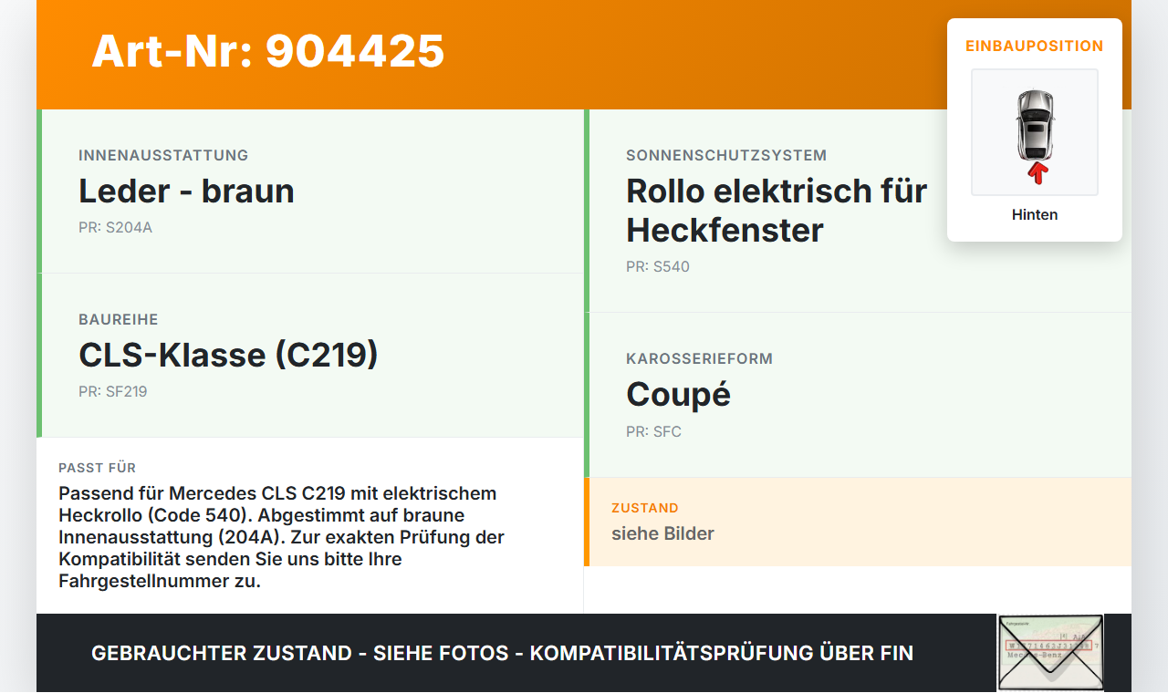 Mercedes C219 CLS 08-10 Sonnenschutzrollo Rollo Heckscheibe Hinten Mercedes C219 CLS 08-10 19.11.2009 A2198100020... Vorschau 3