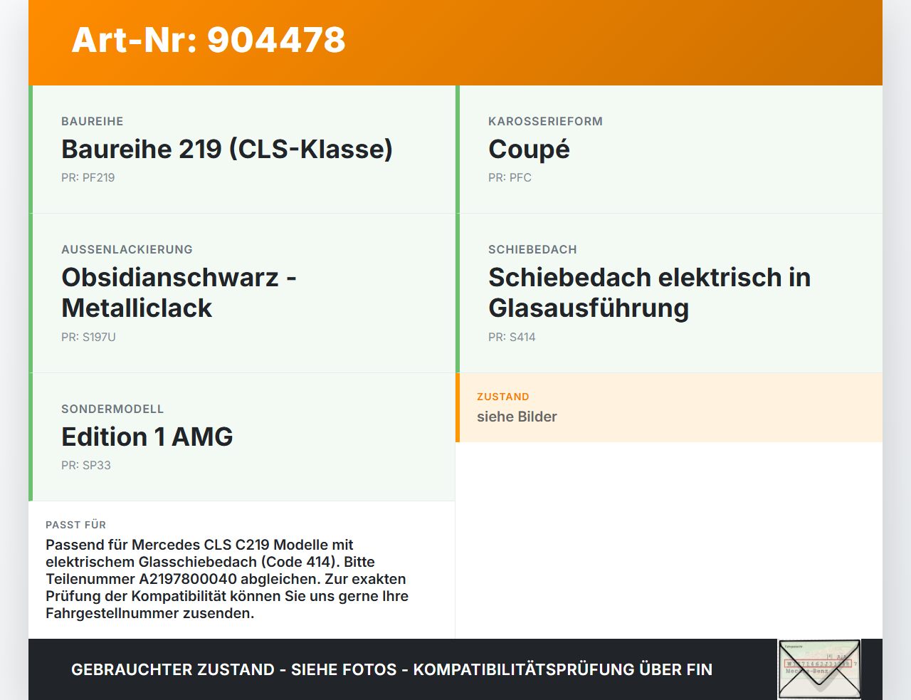 Mercedes C219 CLS 08-10 Schiebedach Mercedes C219 CLS 08-10 19.11.2009 A2197800100 A2197800040 gebraucht Vorschau 3