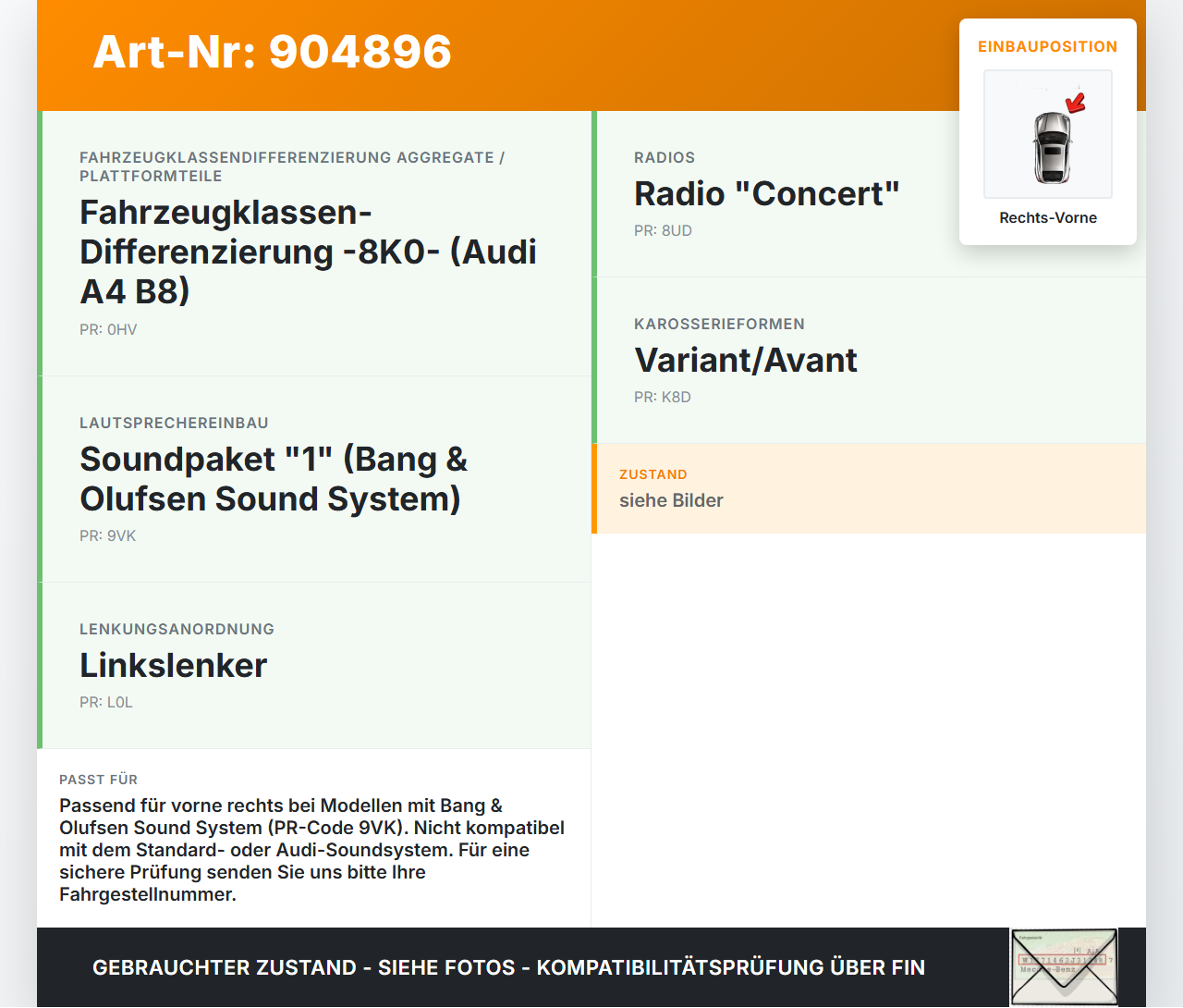 Audi A4 8K B8 QU 08-11 Lautsprecher Hochtöner Rechts Vorne Audi A4 8K B8 QU 08-11 07.02.2008 8T0035399B gebraucht Vorschau 3