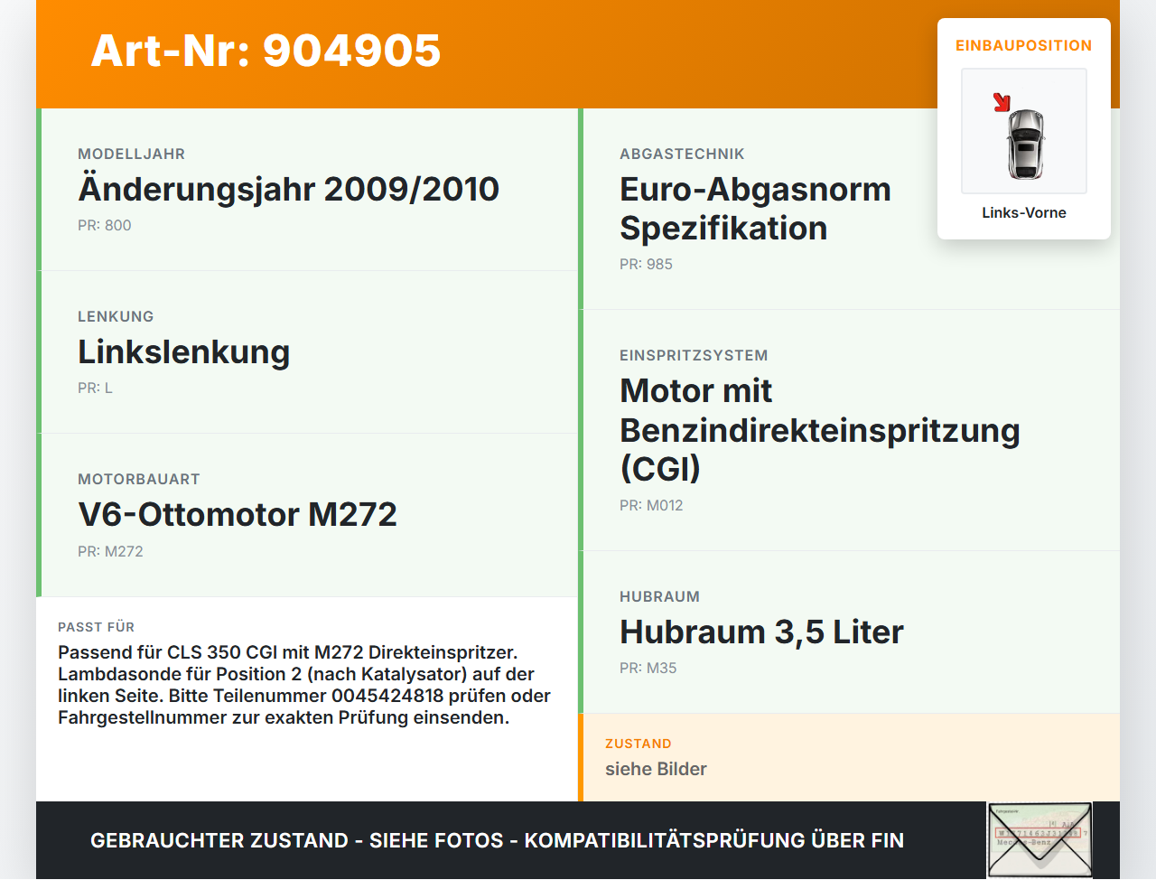 Mercedes C219 CLS 08-10 350 CGI 3,5 215KW Lambdasonde Bosch Sensor Pos.2 LV Mercedes C219 CLS 08-10 19.11.2009... Vorschau 3