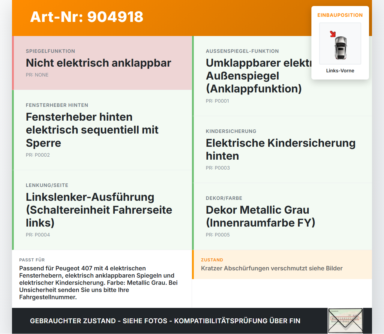 Peugeot 407 6E 04-08 Lim Fensterheberschalter Schalter Links Vorne Spiegelverstellung Peugeot 407 6E 04-08... Vorschau 3