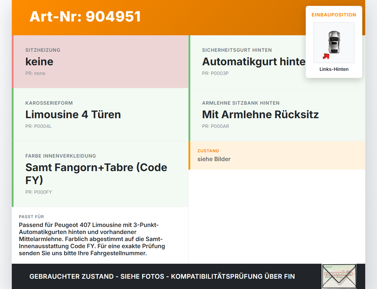 Peugeot 407 6E 04-08 Lim Gurtschloss Links und Mitte Hinten Peugeot 407 6E 04-08 15.03.2005 5064172F1902 gebraucht Vorschau 3