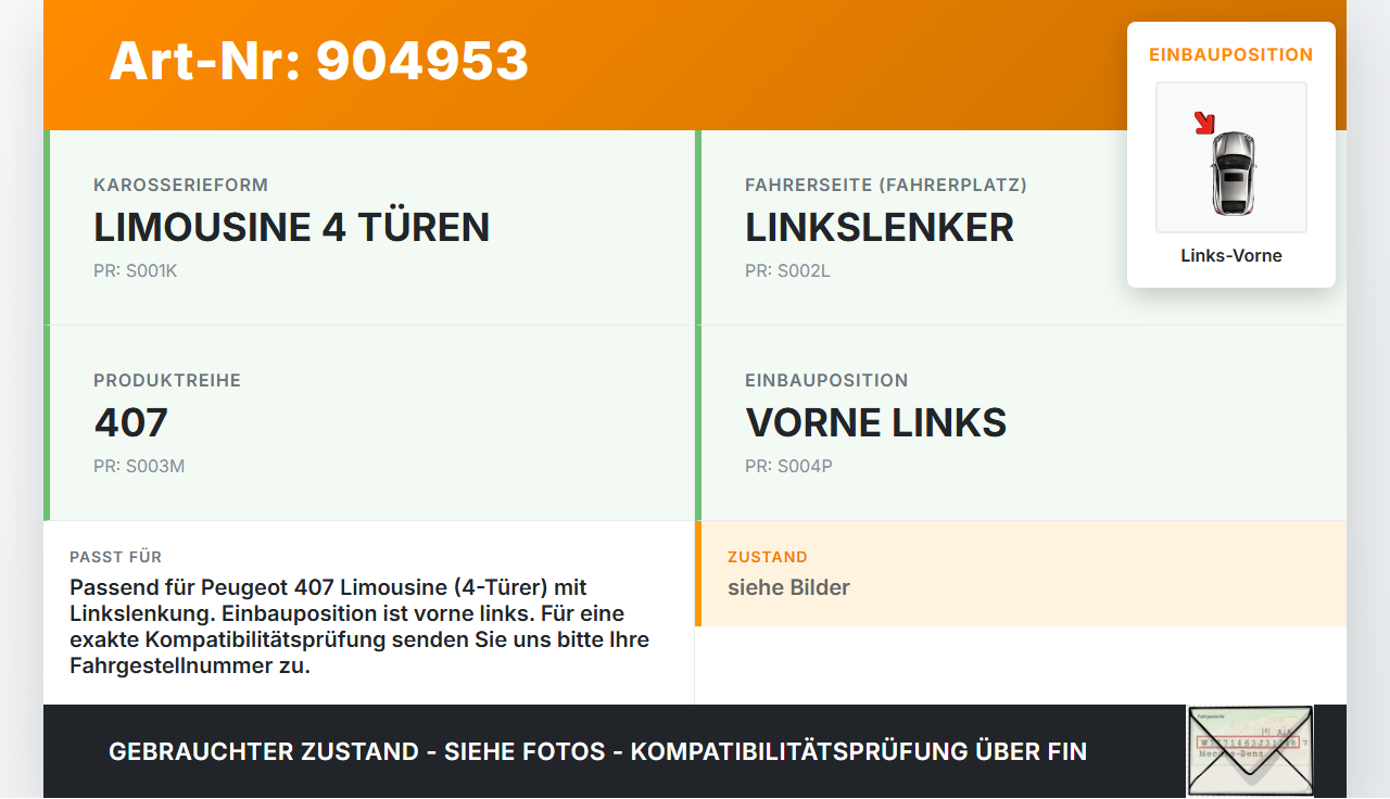 Peugeot 407 6E 04-08 Lim Türfangband Türbremse Türanschlag Links Vorne Peugeot 407 6E 04-08 15.03.2005 9181J0 gebraucht Vorschau 3