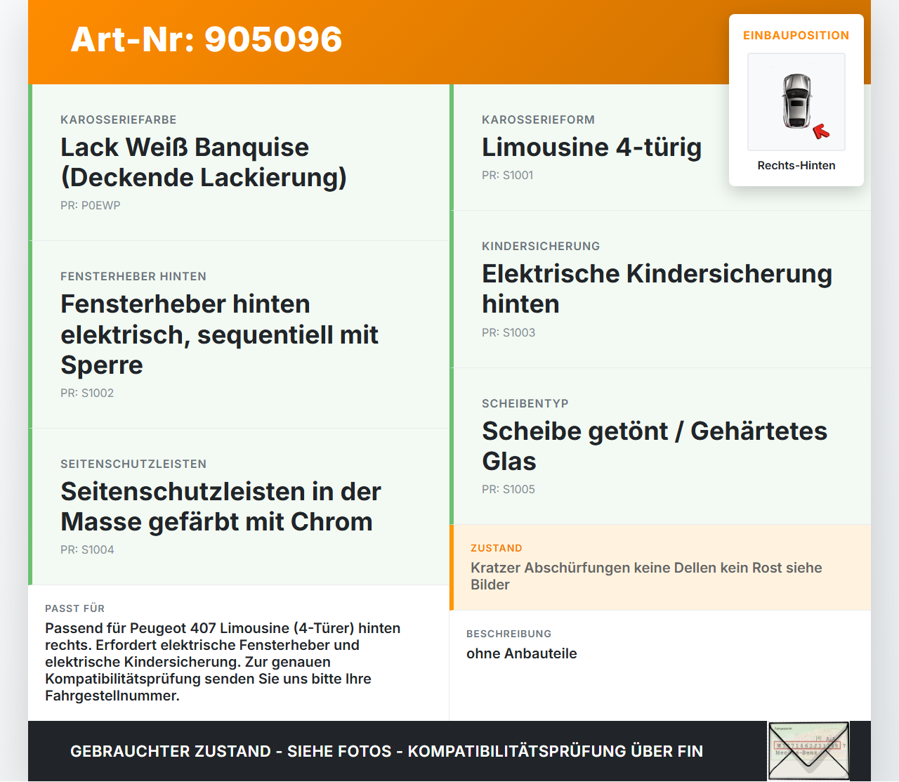 Peugeot 407 6E 04-08 Lim Tür Rechts Hinten EWP Peugeot 407 6E 04-08 15.03.2005 901278 gebraucht Vorschau 3