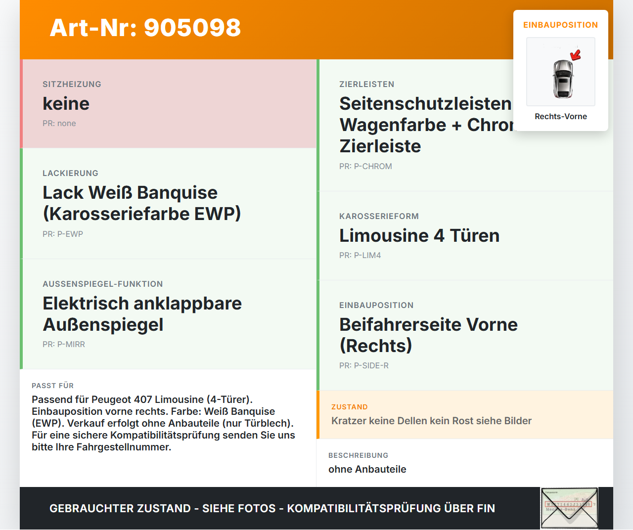 Peugeot 407 6E 04-08 Lim Tür Beifahrertür Rechts Vorne EWP Peugeot 407 6E 04-08 15.03.2005 9010E9 gebraucht Vorschau 3
