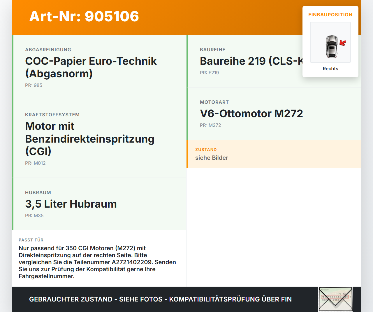 Mercedes C219 CLS 08-10 350 CGI 3,5 215KW 272985 Abgaskrümmer Rechts Mercedes C219 CLS 08-10 19.11.2009 A2721402209... Vorschau 3