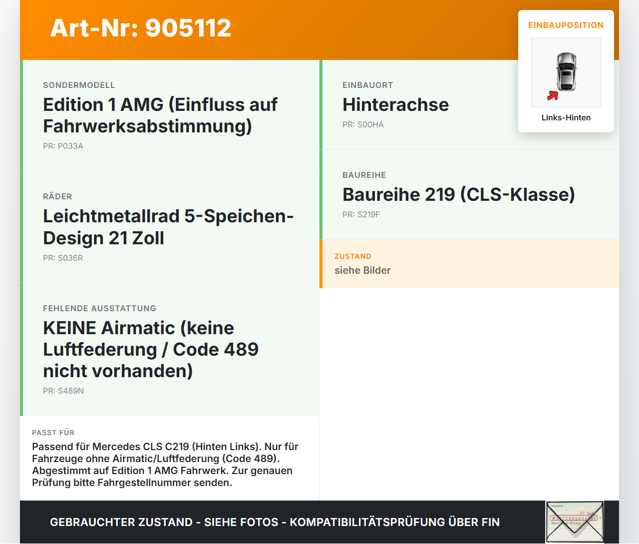 Mercedes C219 CLS 08-10 Stossdämpfer Links Hinten Mercedes C219 CLS 08-10 19.11.2009 A2193260500 gebraucht Vorschau 3