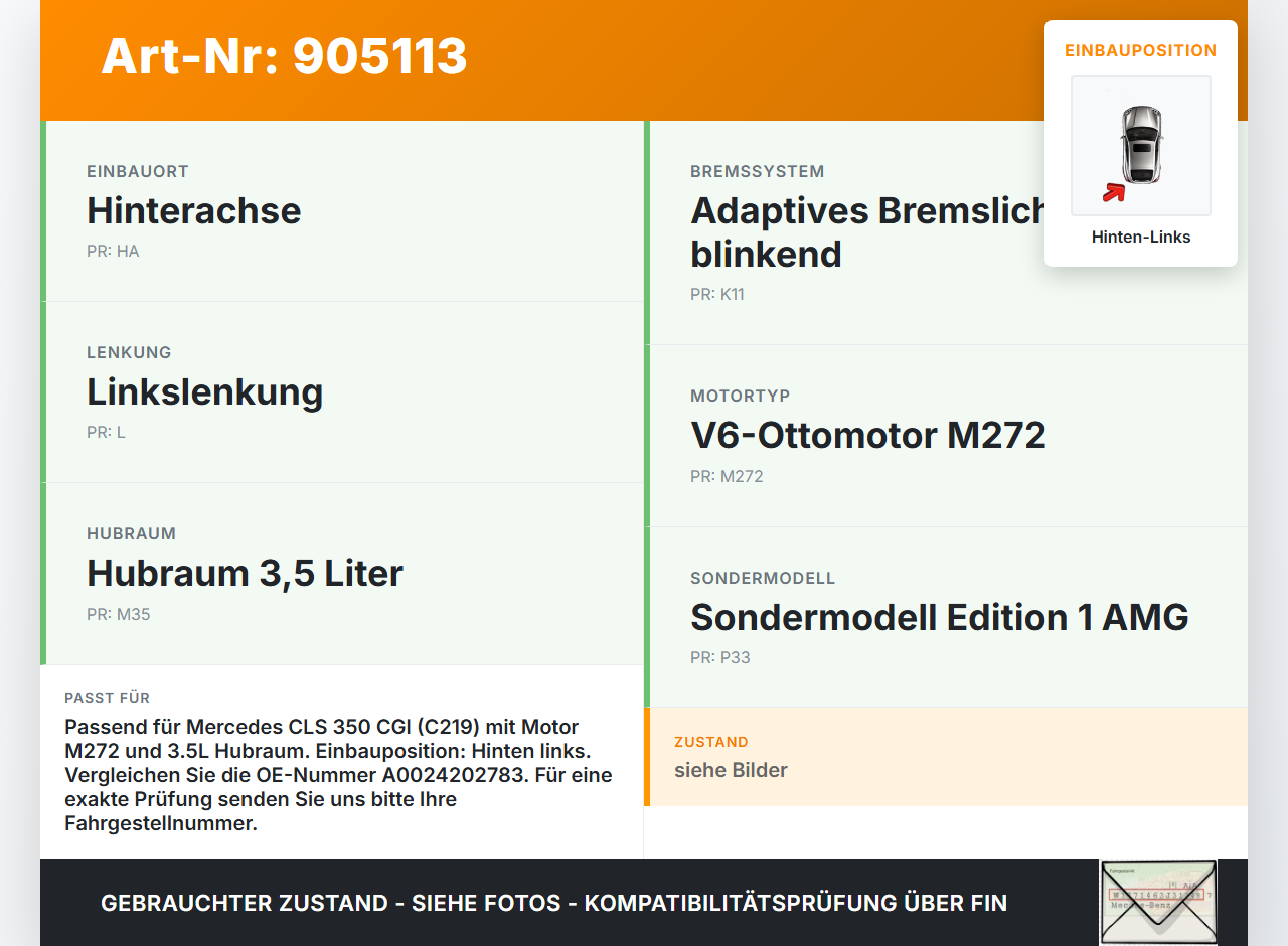 Mercedes C219 CLS 08-10 350 CGI 3,5 215KW Bremssattel Bremszange Hinten Links Mercedes C219 CLS 08-10 19.11.2009... Vorschau 3
