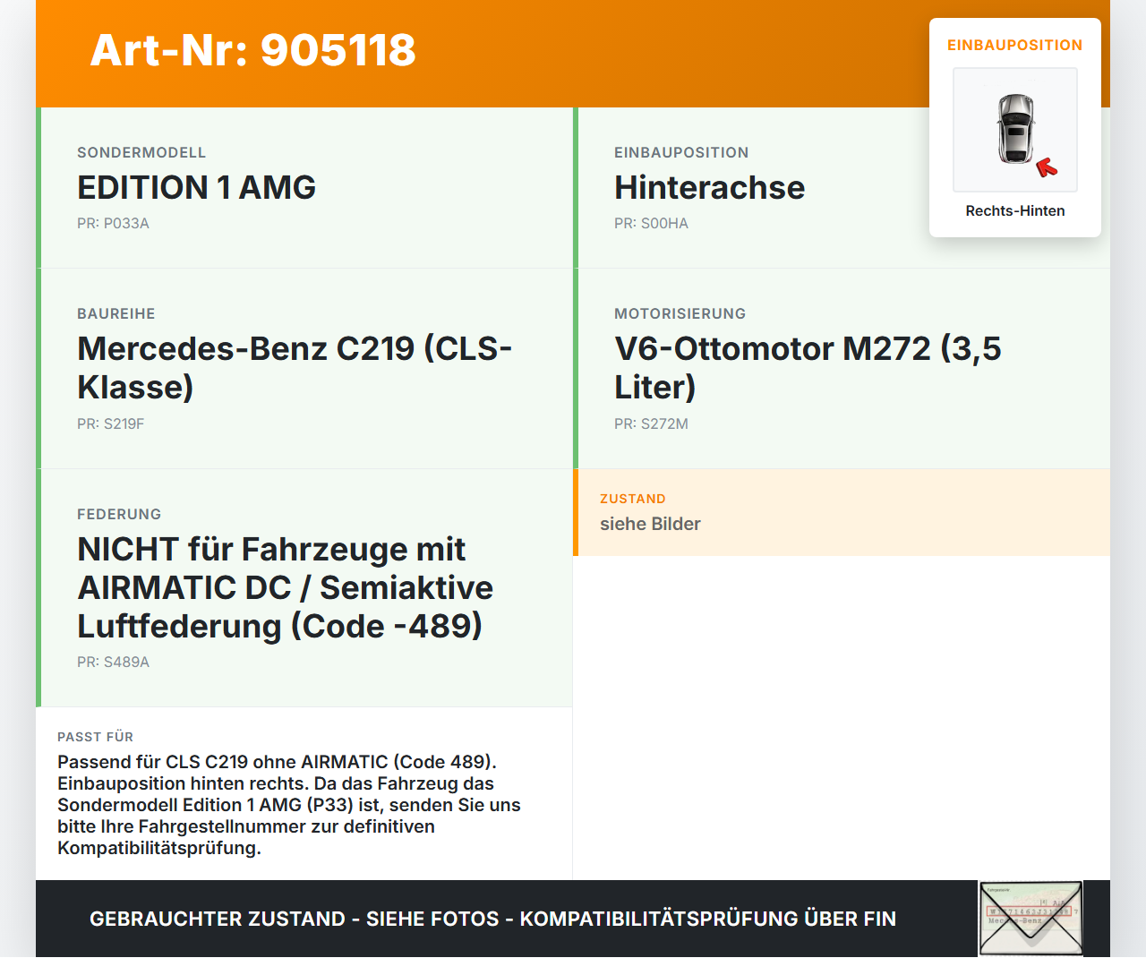 Mercedes C219 CLS 08-10 Stossdämpfer Rechts Hinten Mercedes C219 CLS 08-10 19.11.2009 A2193260500 gebraucht Vorschau 3